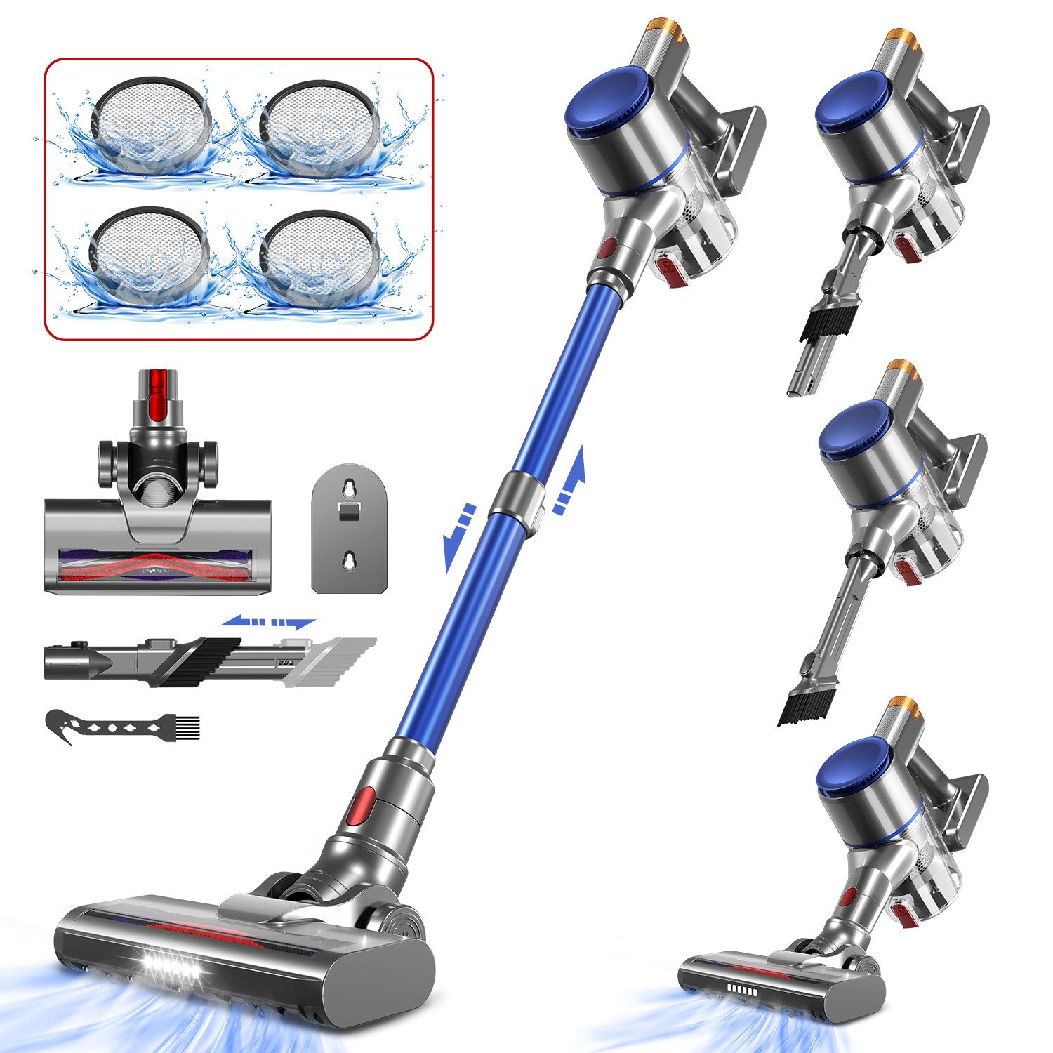Adormii Akku-Hand-und Stielstaubsauger 50000Pa Akku Staubsauger,50 Mins/450W/1.6L/HEPA*4, Smart LED-Display,V-Anti-Tangle-Bürste,Kabelloser Staubsauger mit 4 Duftpaneele