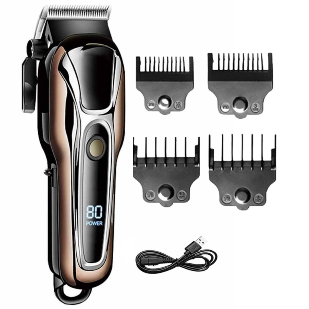 OKWISH Haarschneider Profi Herren Konturen Haartrimmer Haarschneidemaschine Trimmer, Wiederaufladbarer Kabellose Bartschneider mit LED-Anzeige 4 Kämme, Ideal für Anfänger Stylisten und Friseure Grooming Kit