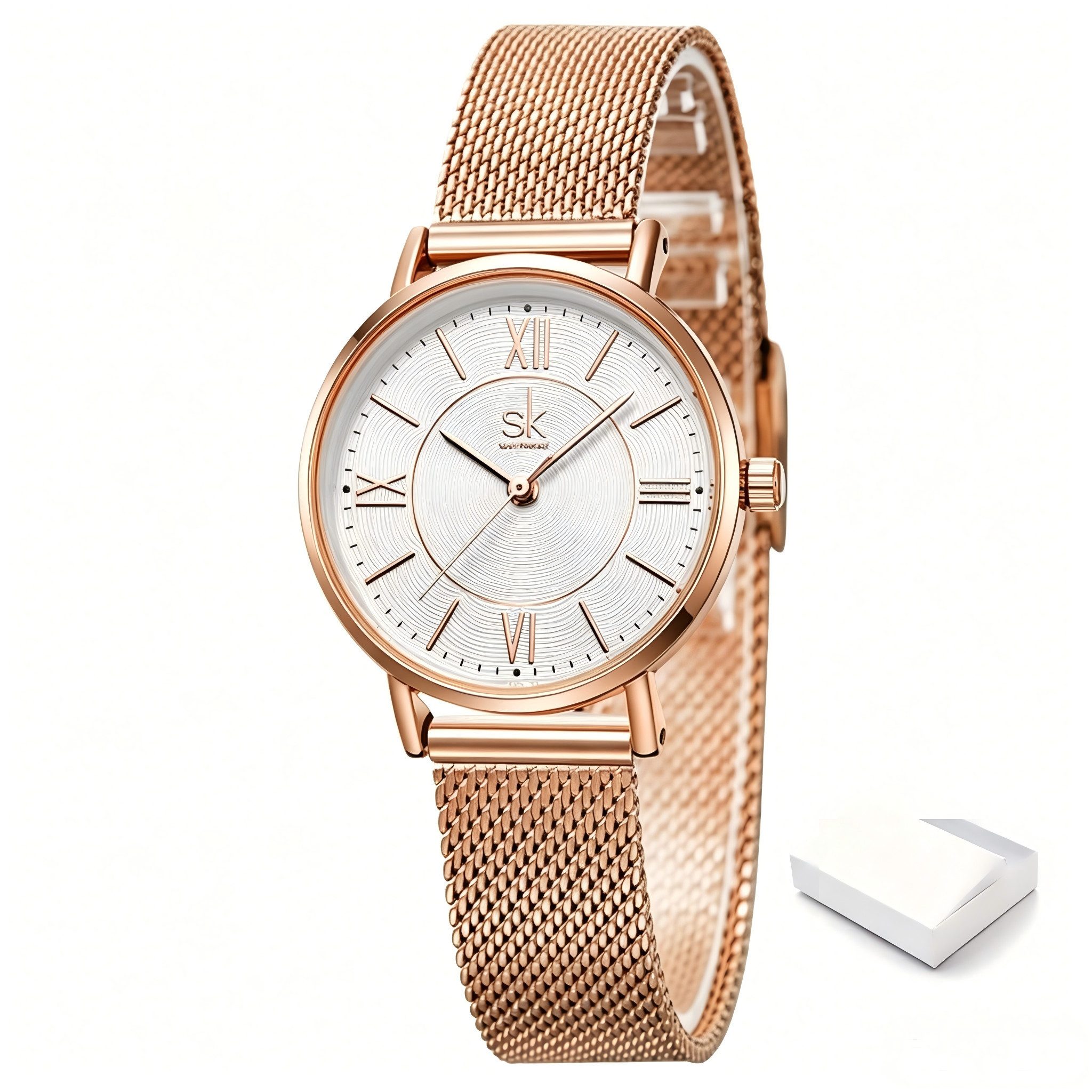 Toomoke Quarzuhr Damen Roségold, Damen Armbanduhr mit Edelstahl-Mesharmband, (analoge Damenuhr mit weißem Zifferblatt), römischen Ziffern, Mineralglas, 30 mm, 3 ATM