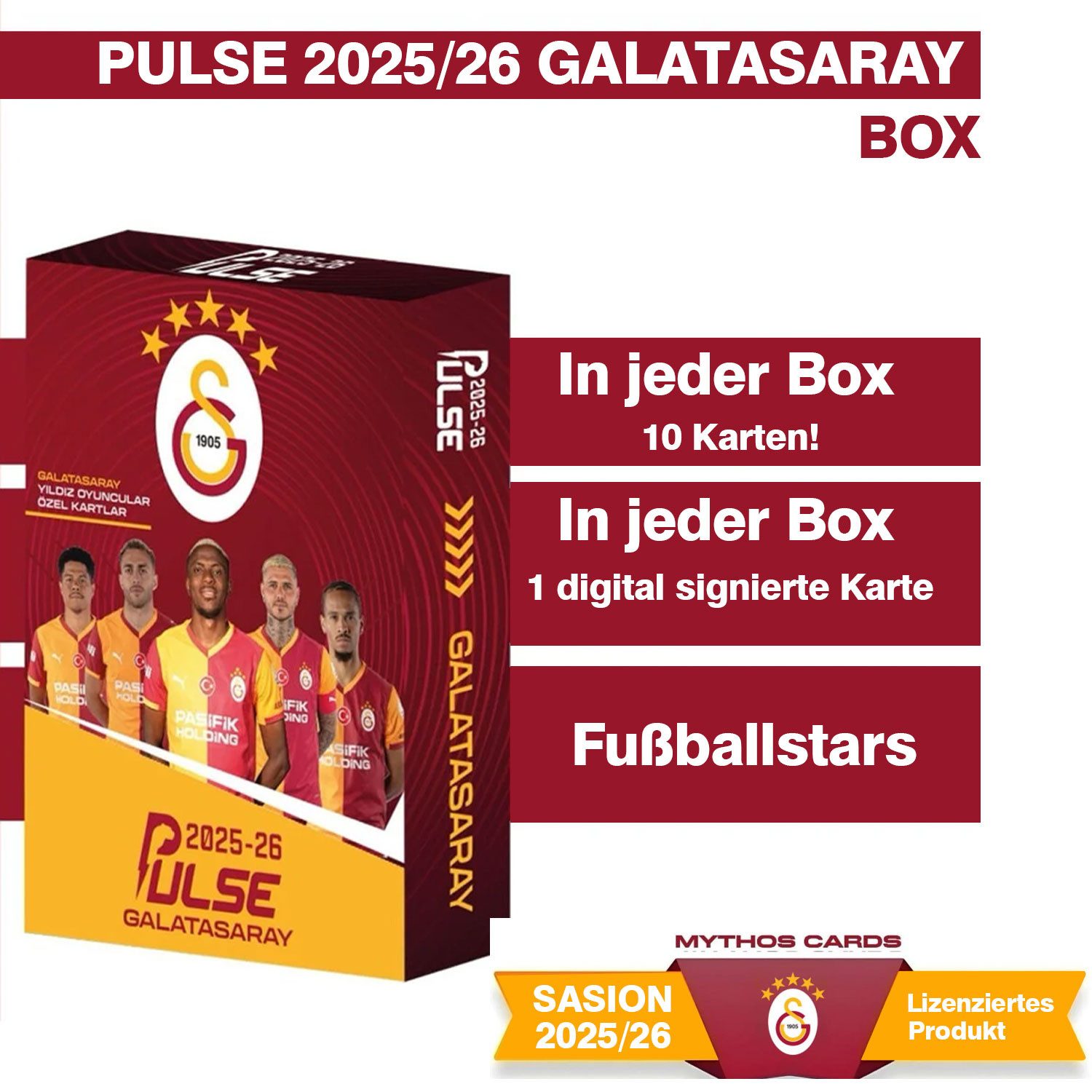 Jungengel Sammelkarte Galatasaray 2025/2026 Fußballkarten Spielkarten Sammelbox 10x Karten, Offiziell lizensiertes Produkt, 10x Karten je Box, 1x Signaturkarte