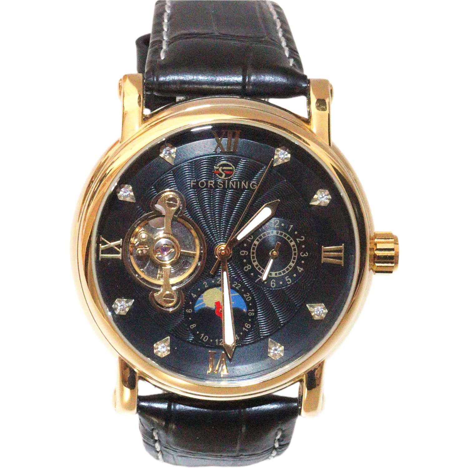 Rötting Design Automatikuhr Herrenuhr Automatikuhr Marke Forsining schwarzes Ziffernblatt, Tag/Nacht Phasen Anzeige, goldfarbenes Gehäuse