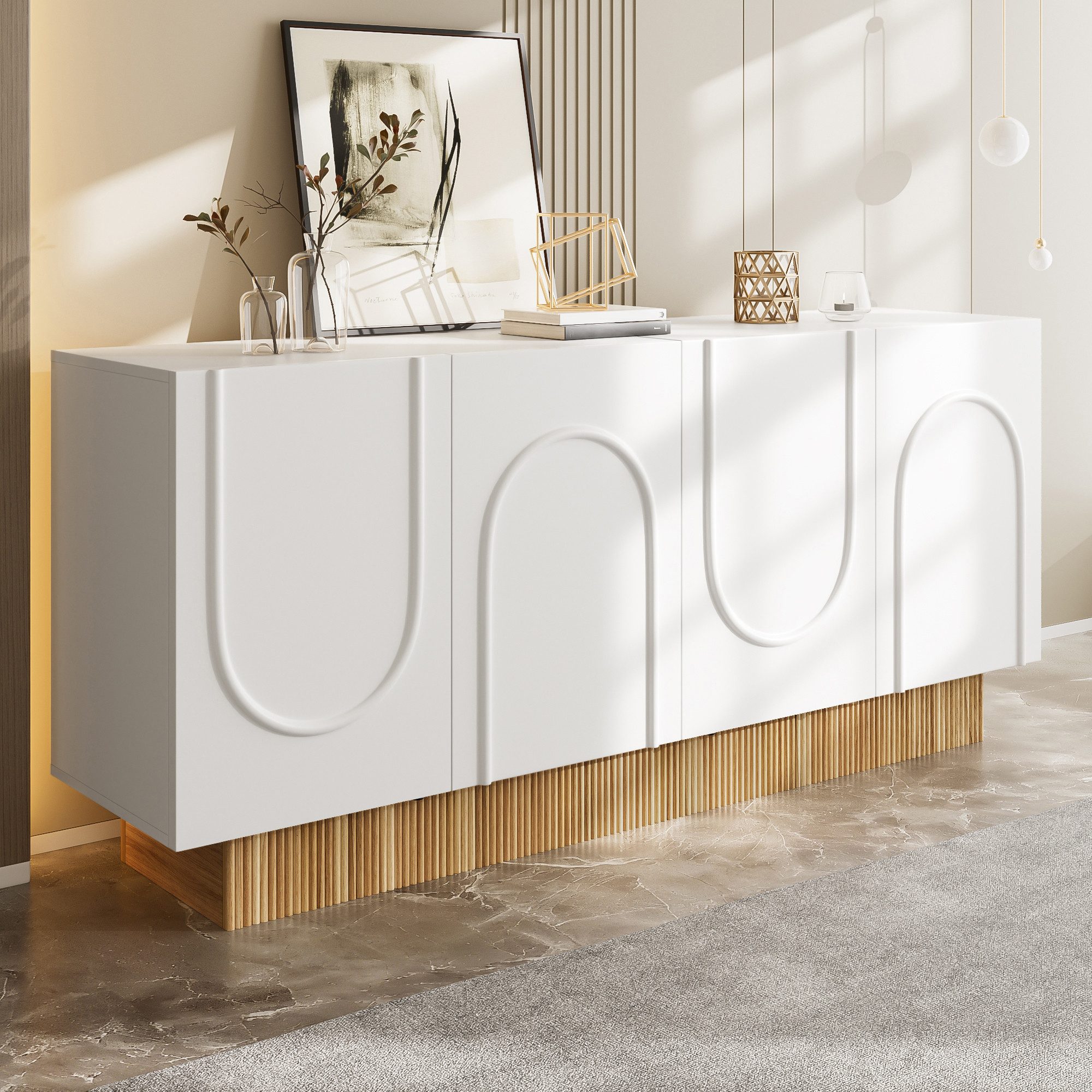 Merax Sideboard mit U-Relief-Design & dekorativer Holzstruktur (1 St., 160×75×38 cm), Kommode mit 4 Türen und großen Innenfächern, Anrichte, Buffetschrank