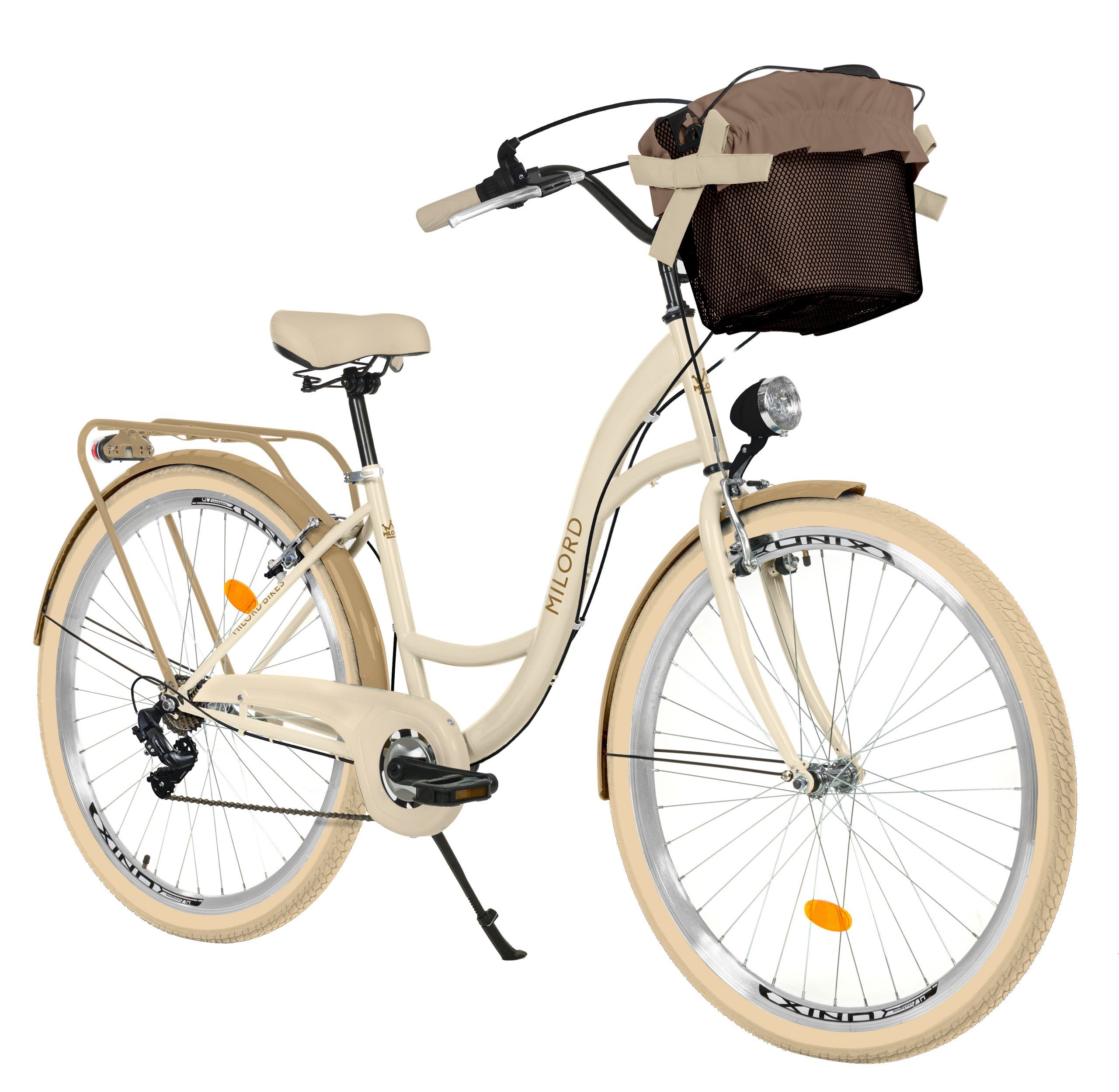 MILORD BIKES Cityrad »Milord Komfort City Fahrrad Mit Korb Damenfahrrad, 28/26  Zoll, Creme-Braun, 7-Gang Shimano«, 7 Gang, Kettenschaltung