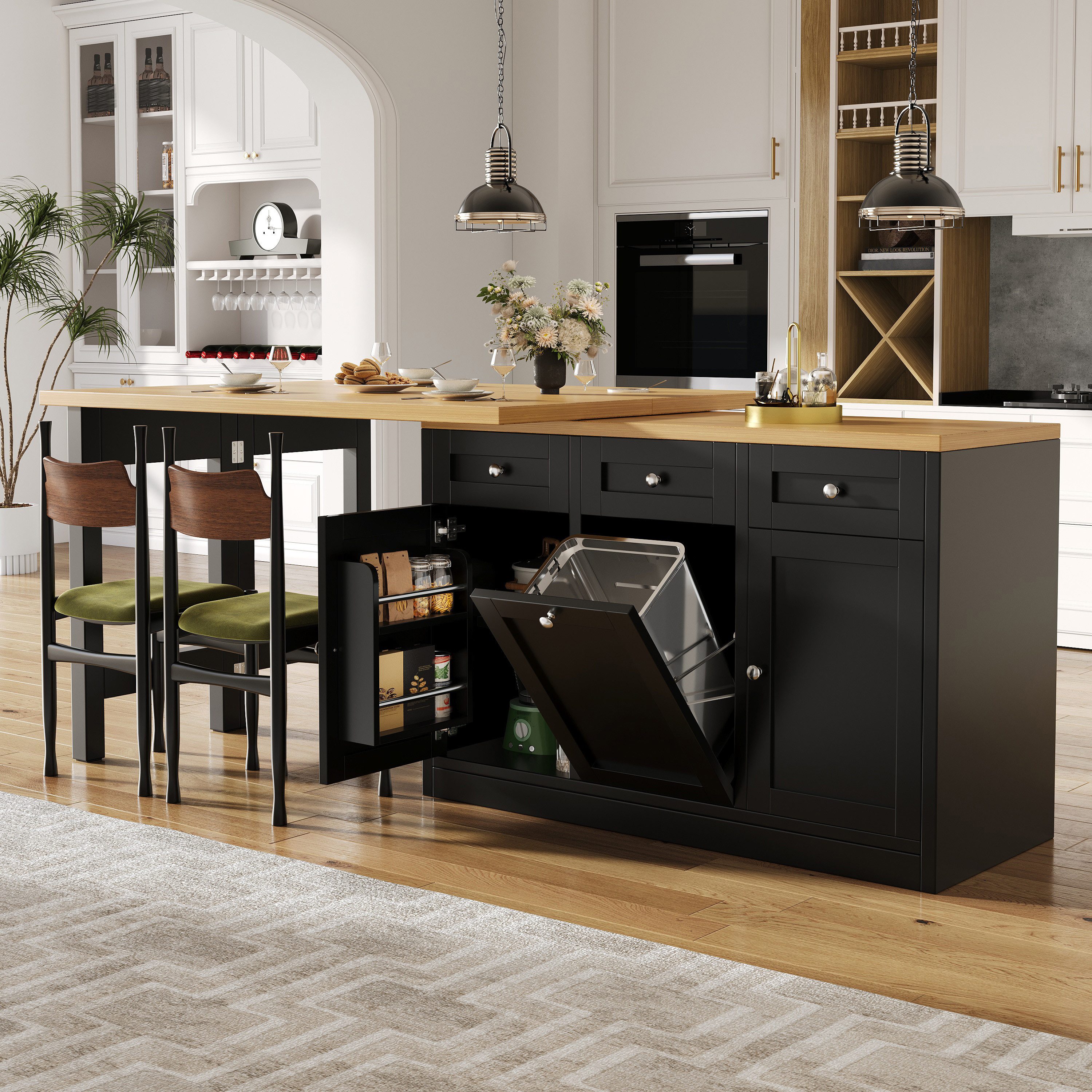 Flieks Kücheninsel Küchenschrank mit 360° drehbarer und klappbarer Arbeitstisch, (Holzoptik Tischplatte Tiefe 40-80cm, Längenverstellbar 120-200cm), ausziehbarer Esstisch & Mehrzweckschrank mit Mülleimerhalter Schwarz