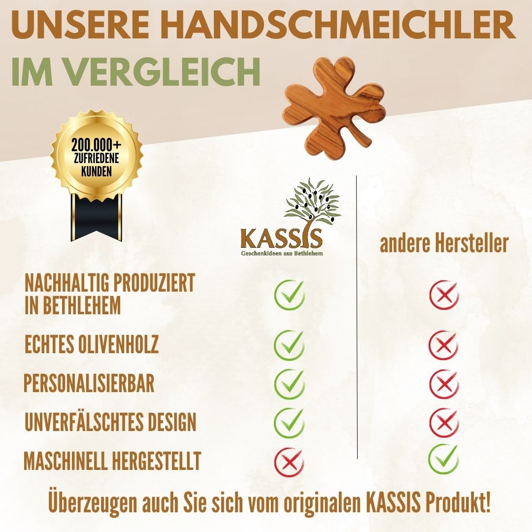 Kassis Geschenkartikel Dekoobjekt Kleeblatt aus Olivenholz Handschmeichler Antistress Glücksbringer, handgefertigt in Bethlehem, Geschenke zu mehreren Anlässen – Bild 4 von 5