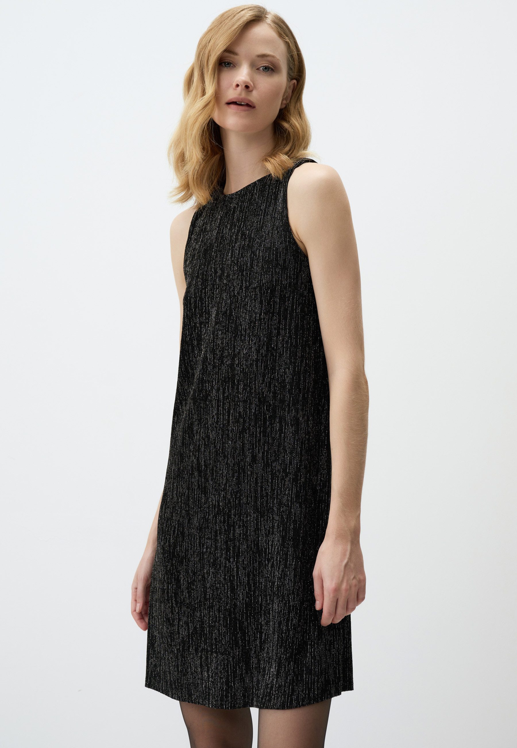Minikleid Elegantes Schwarzes Ärmelloses Kleid Mit Metallic-Streifen