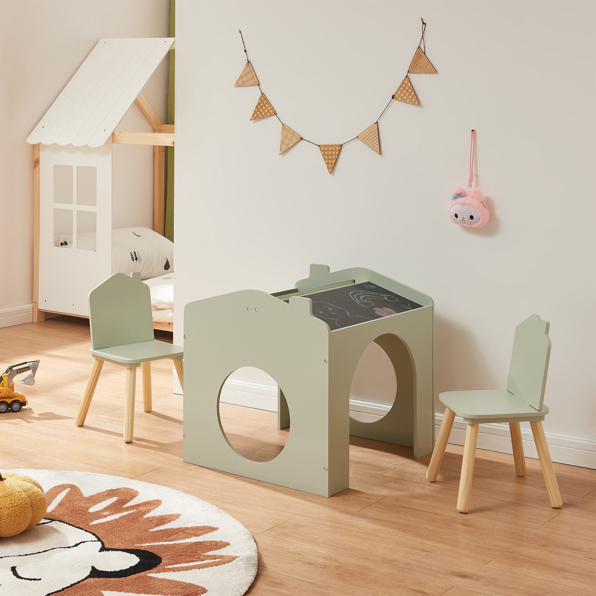en.casa Kinderschreibtisch, »Romso« Zeichentisch für Kinder Kindertischset mit 2 Stühlen Mintgrün