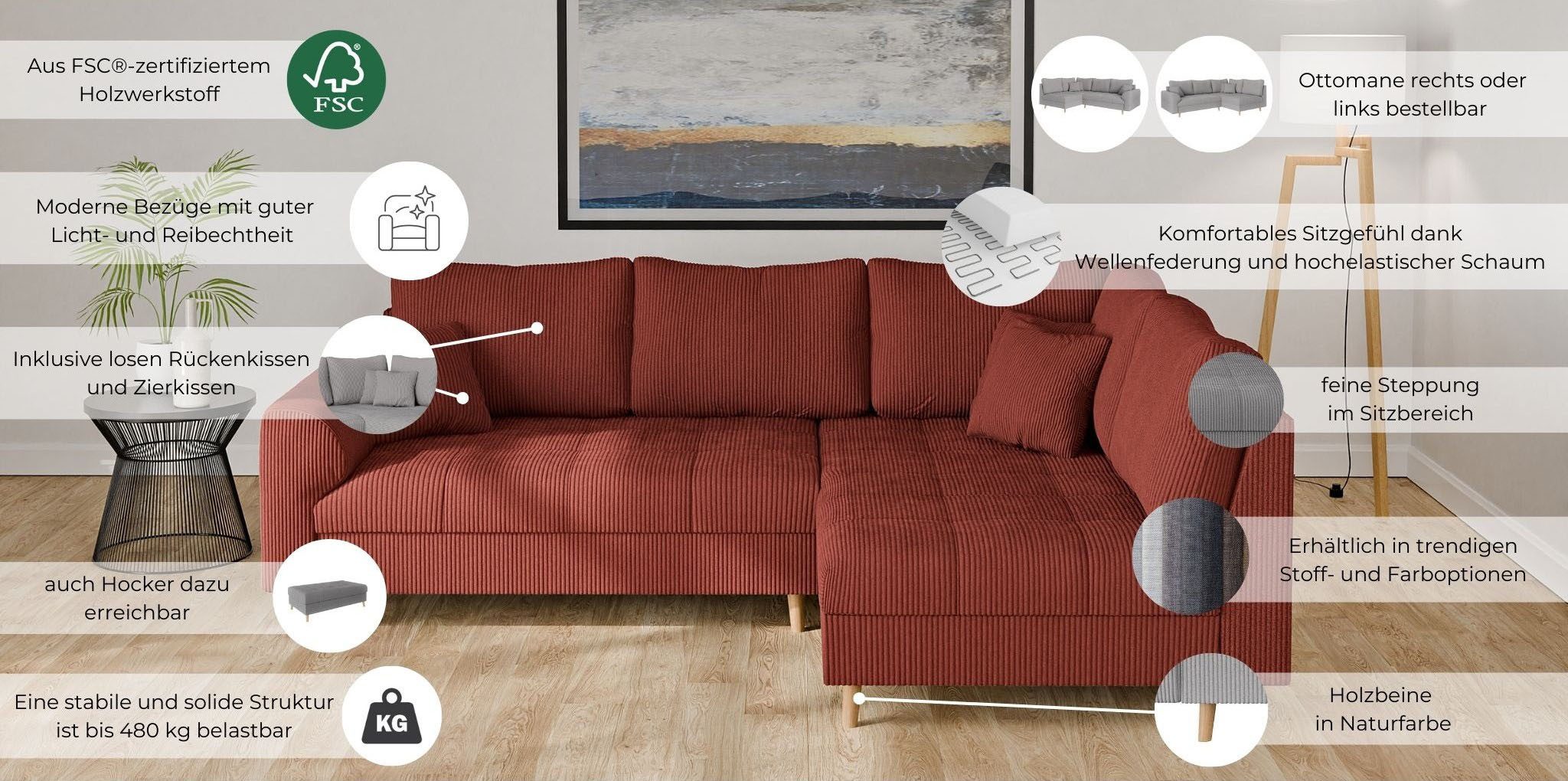 Home affaire Ecksofa CHARRE L-Form mit Ottomane, Maße B/T/H: 231/161/81 cm, feine Steppung, lose Rücken- und Zierkissen, auch in Cord und Bouclé