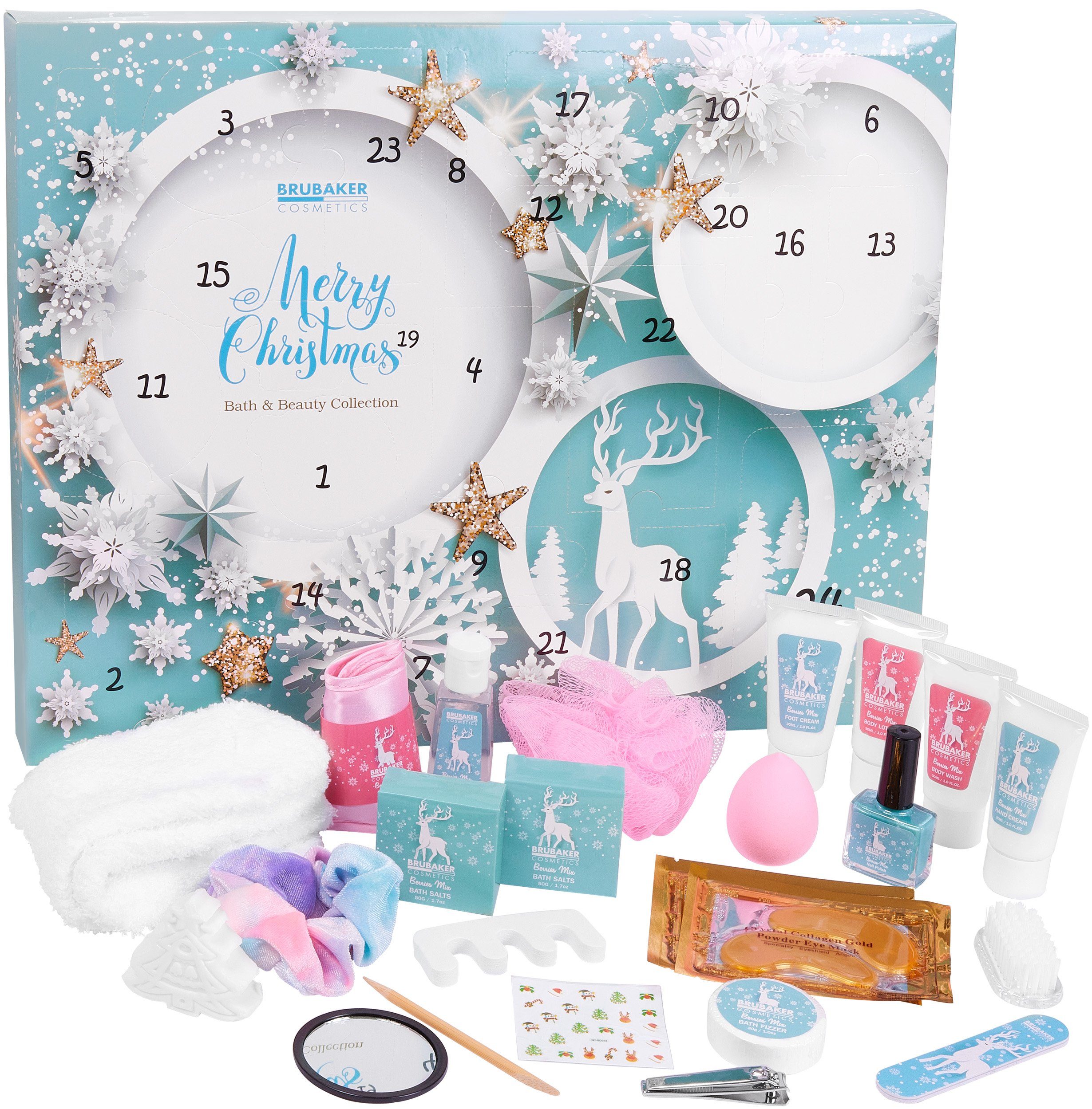 BRUBAKER Adventskalender XXL Beauty Adventskalender - Mint Blau - 24 x Körperpflege & Spa (Merry Christmas, 24-tlg), Wellness Weihnachtskalender für Frauen und Mädchen