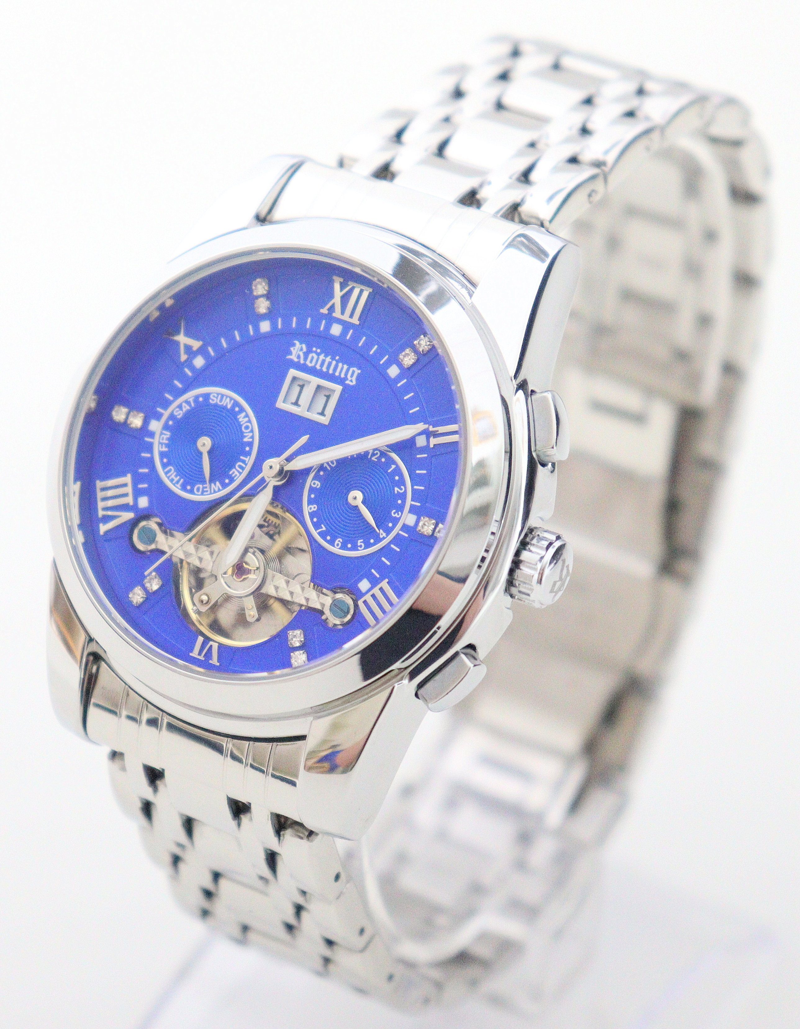 Rötting Design Automatikuhr Herrenuhr blaues Ziffernblatt DATUM Umfang 18 bis 24 cm wählbar, Automatik Armbanduhr