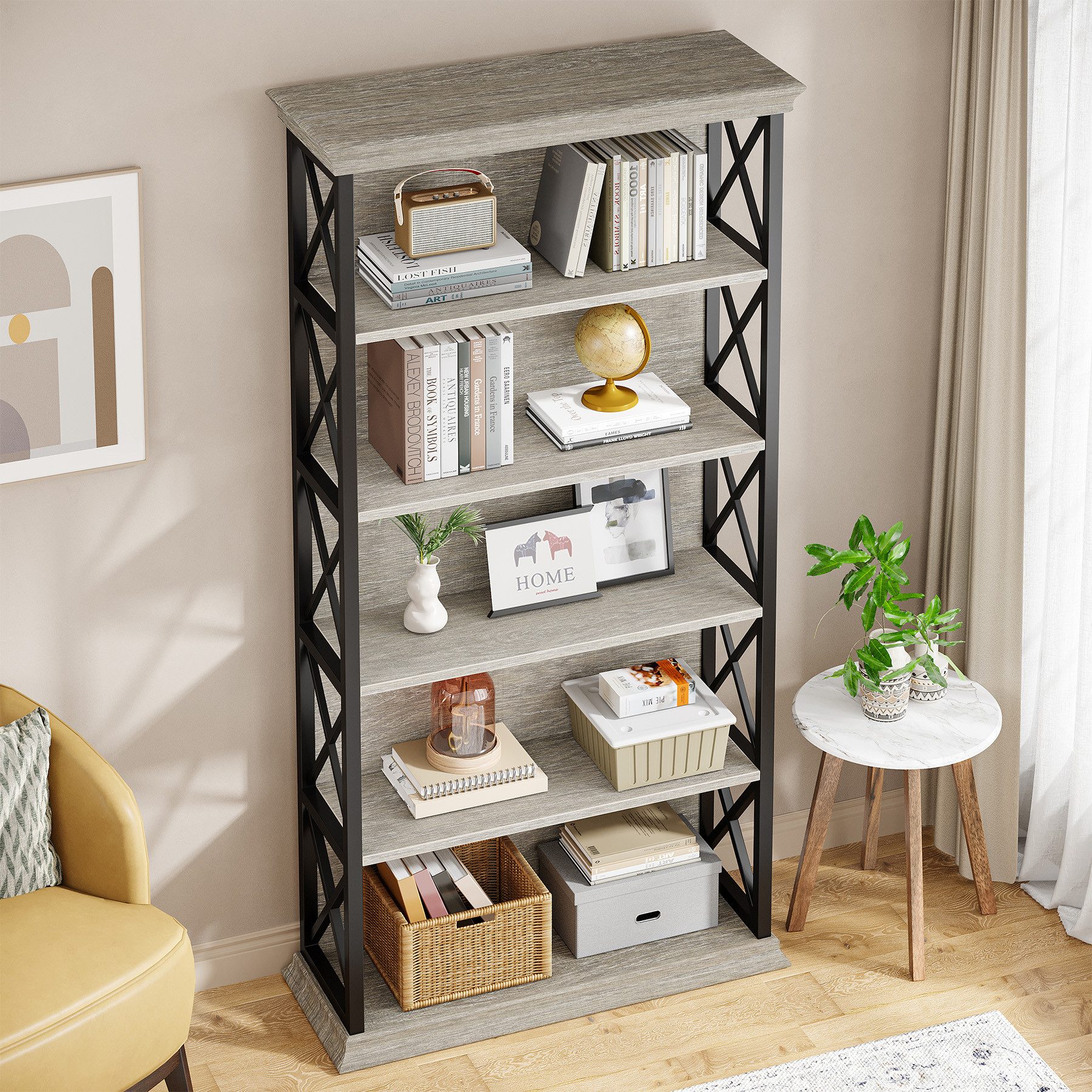 Tribesigns Bücherregal 5-stöckiges industrielles Standregal,Holz und Metall, 180cm Lagerregal