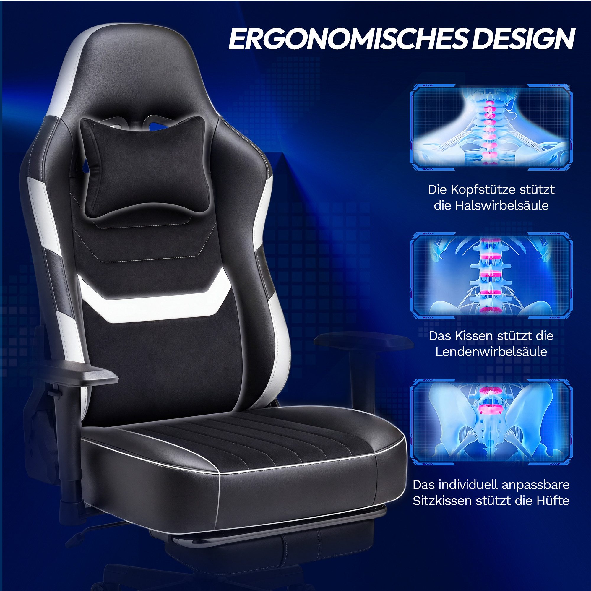 HOMALL Gaming-Stuhl mit Federkern,Komfort für Büro & Gaming,90-165° Rückenlehne,bis 180 kg, gaming stuhl mit Fußstütze,breites & dickes Sitzpolster – Bild 5 von 5