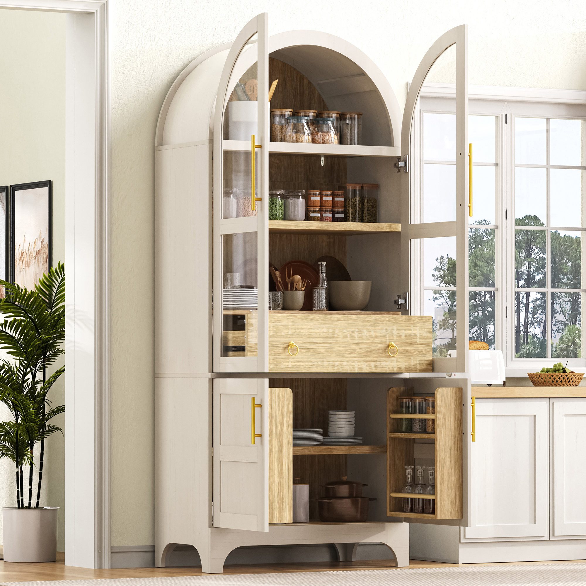 Odikalo Vitrine Hochschrank mit Glastüren verstellbaren Regalböden Schublade (Highboard mit verstellbaren Regalböden und Schublade, Küchenschrank mit Riffelglas und großem Stauraum, Ideal für Esszimmer, Wohnzimmer und Küche Weiß/Schwarz)