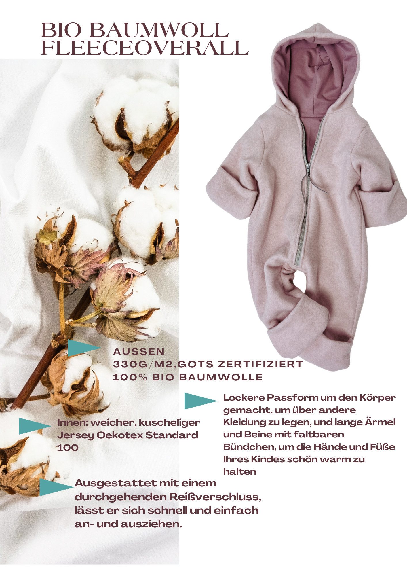 Fleeceoverall Bio Baumwoll Fleeceoverall rosa und beige