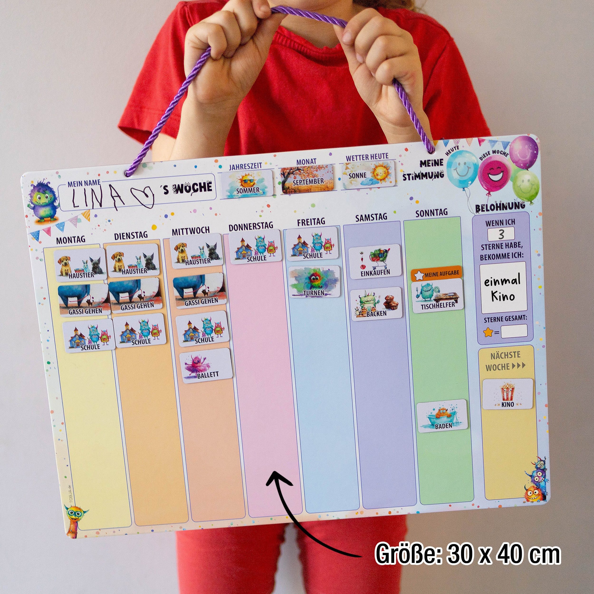 TOBJA Magnettafel Wochenplaner Kinder inkl. 200+ Magnete & Stift Montessori Planer, Routine Planer Kinder & Aufgabenplaner Kinder