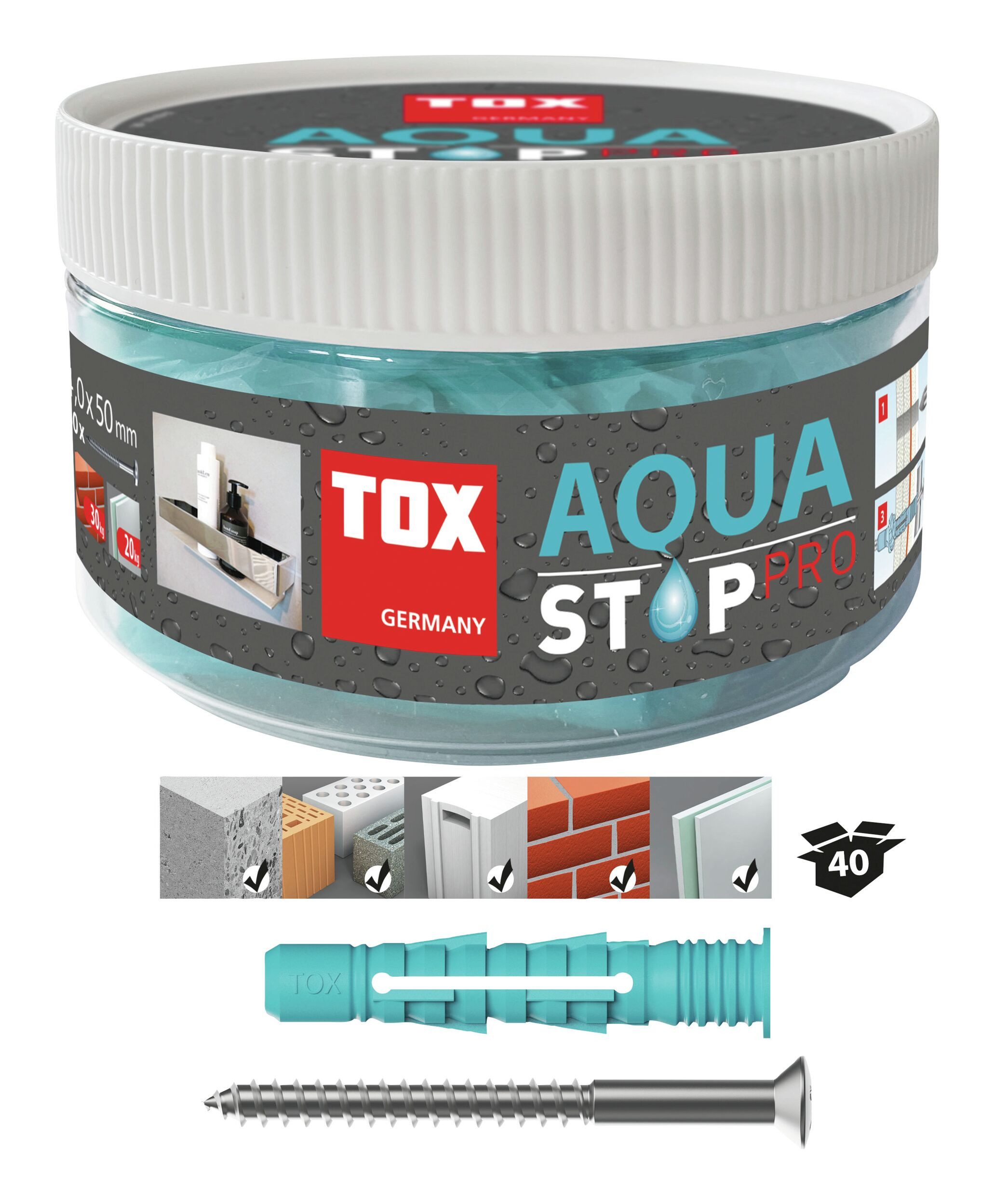 TOX-DÜBEL-TECHNIK Universaldübel, (40 Stück), Dübel Aqua Stop Pro 6/38+Schr.in Runddose á40