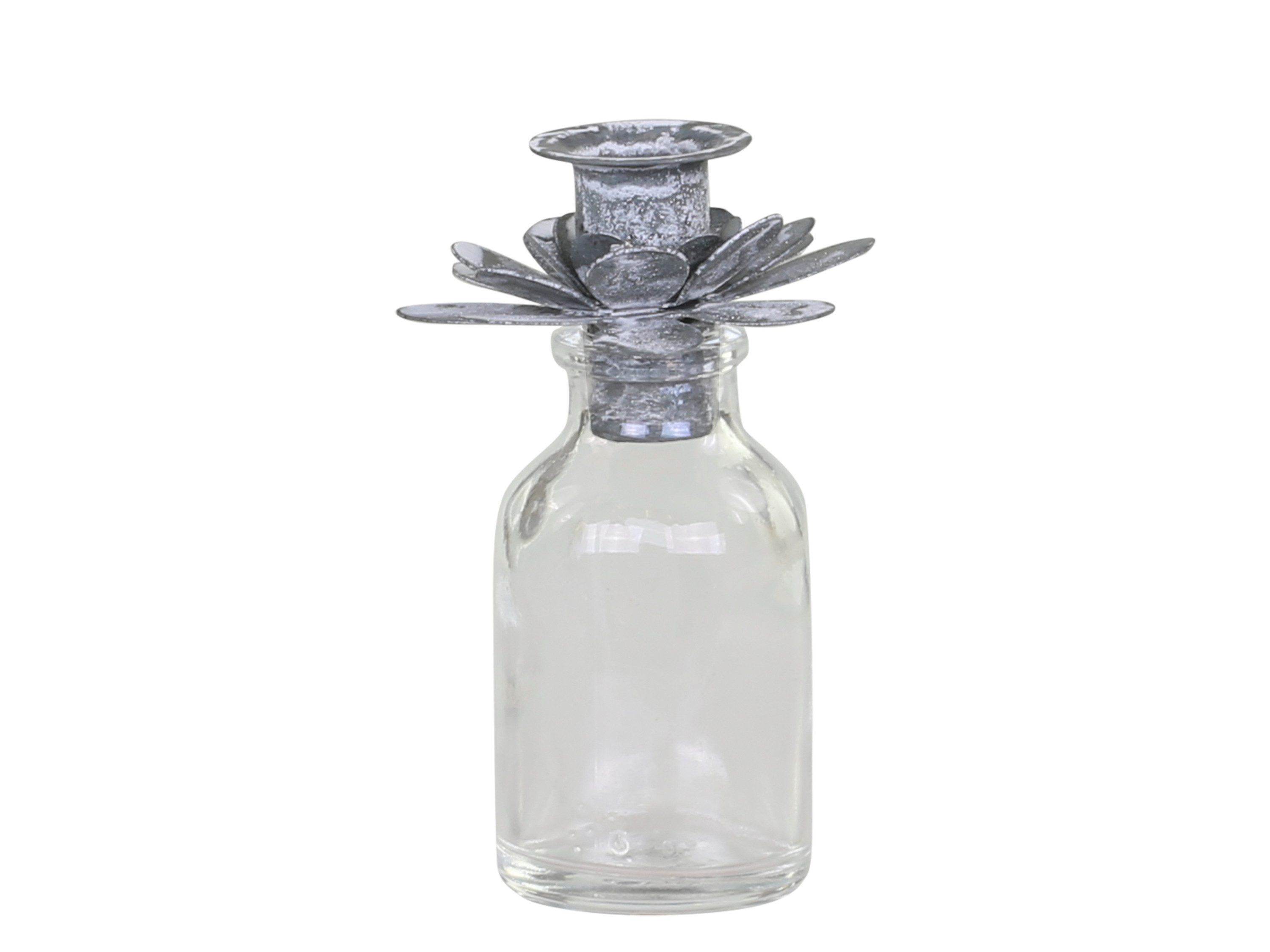 Chic Antique Flaschenkerzenhalter Glasflasche Kerzenhalter Zink Blume antik grau für Stabkerzen, Kerzenhalter aus Zink in Blumenform antik grau patiniert