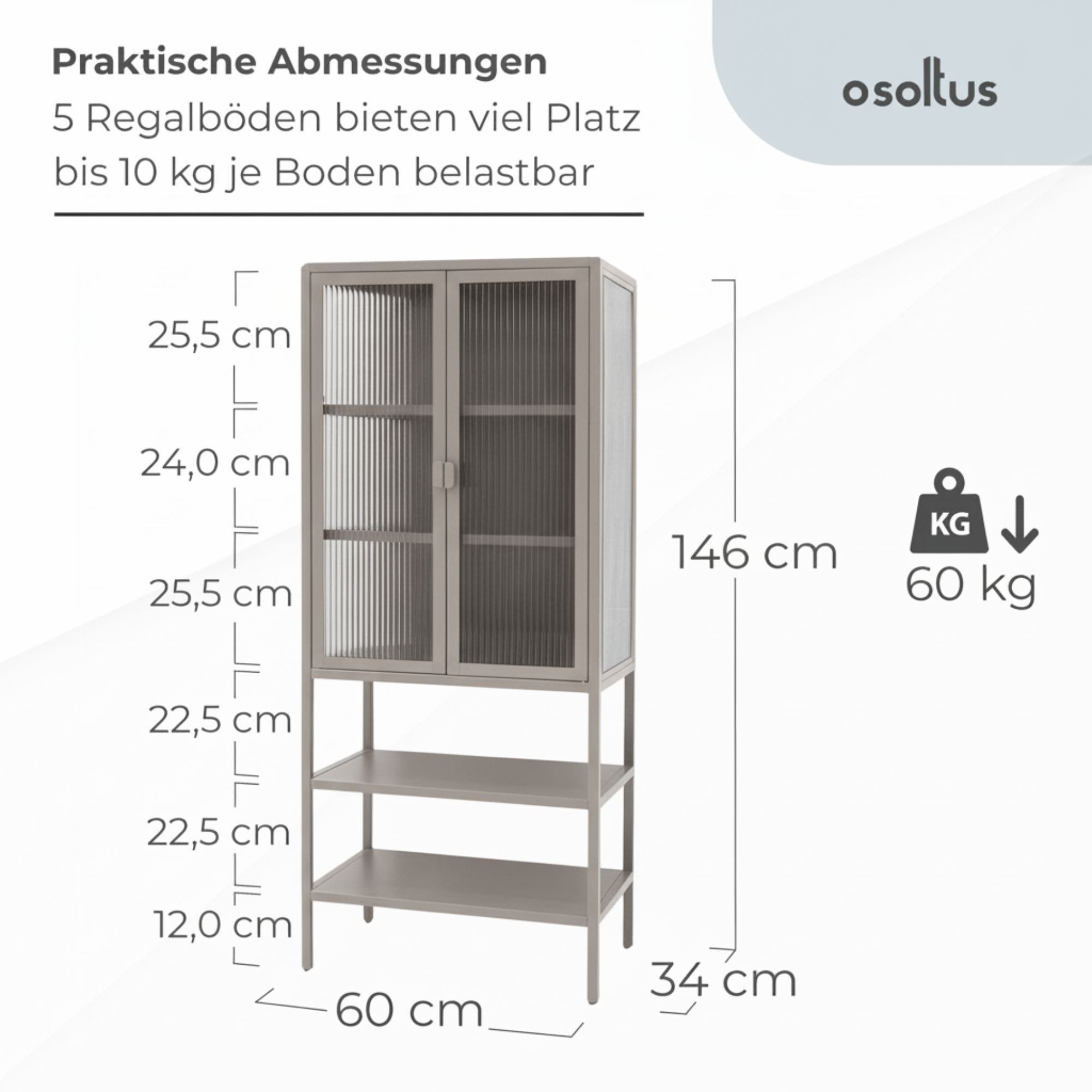 osoltus Sideboard osoltus Vitrine Schrank Riffelglas Stahl Warm Grey Industrial 60 x 35
