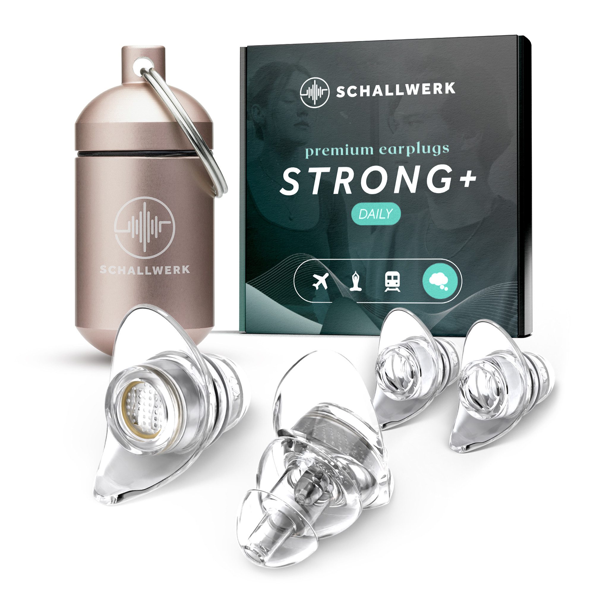 Schallwerk Gehörschutzstöpsel Strong+ Daily Ohrstöpsel dämpfen Lärm & erhalten Tonqualität, Ohrenstöpsel transparent mit Aufbewahrungsdose