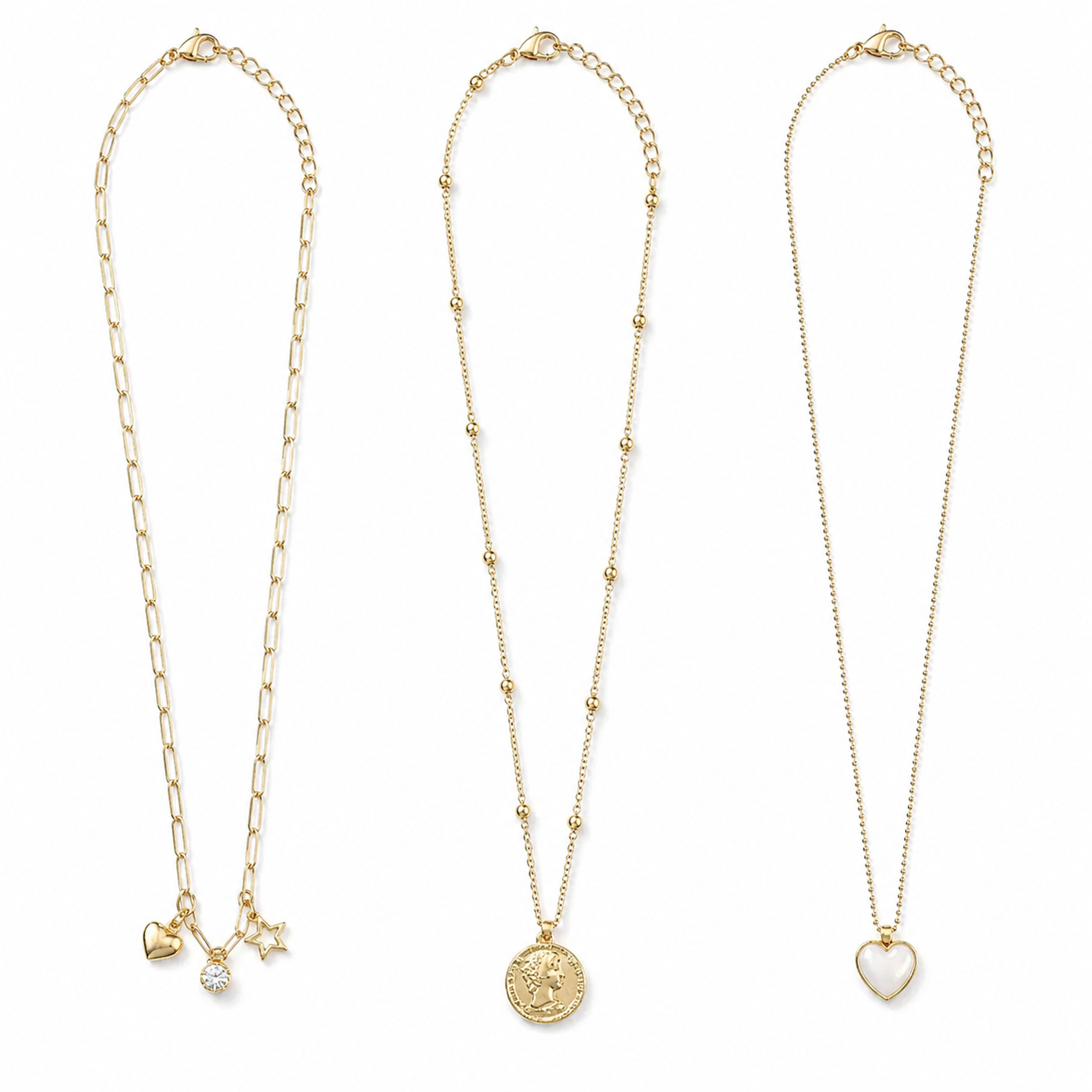 Jungengel Ketten-Set Gold Layering Halskette Damen 3er Set Herz Stern Münze Kette Mode (Schmuckset, 3-tlg., 3 kombinierbare Halsketten im Layering-Design), 3-teiliges Layering Halsketten-Set mit Herz- und Münzanhänger