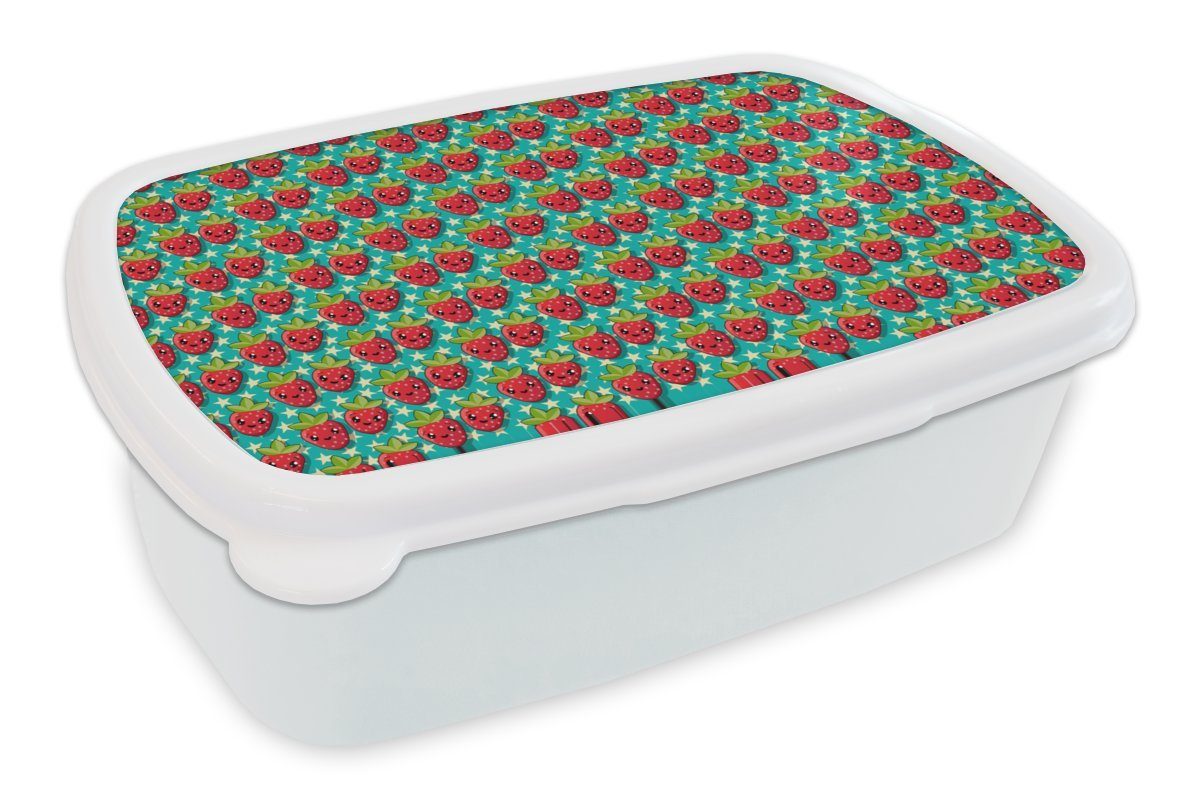 MuchoWow Lunchbox Erdbeeren - Kinder - Obst - Vegan - Design, Kunststoff, (2-tlg), Brotbox für Kinder und Erwachsene, Brotdose, für Jungs und Mädchen weiß