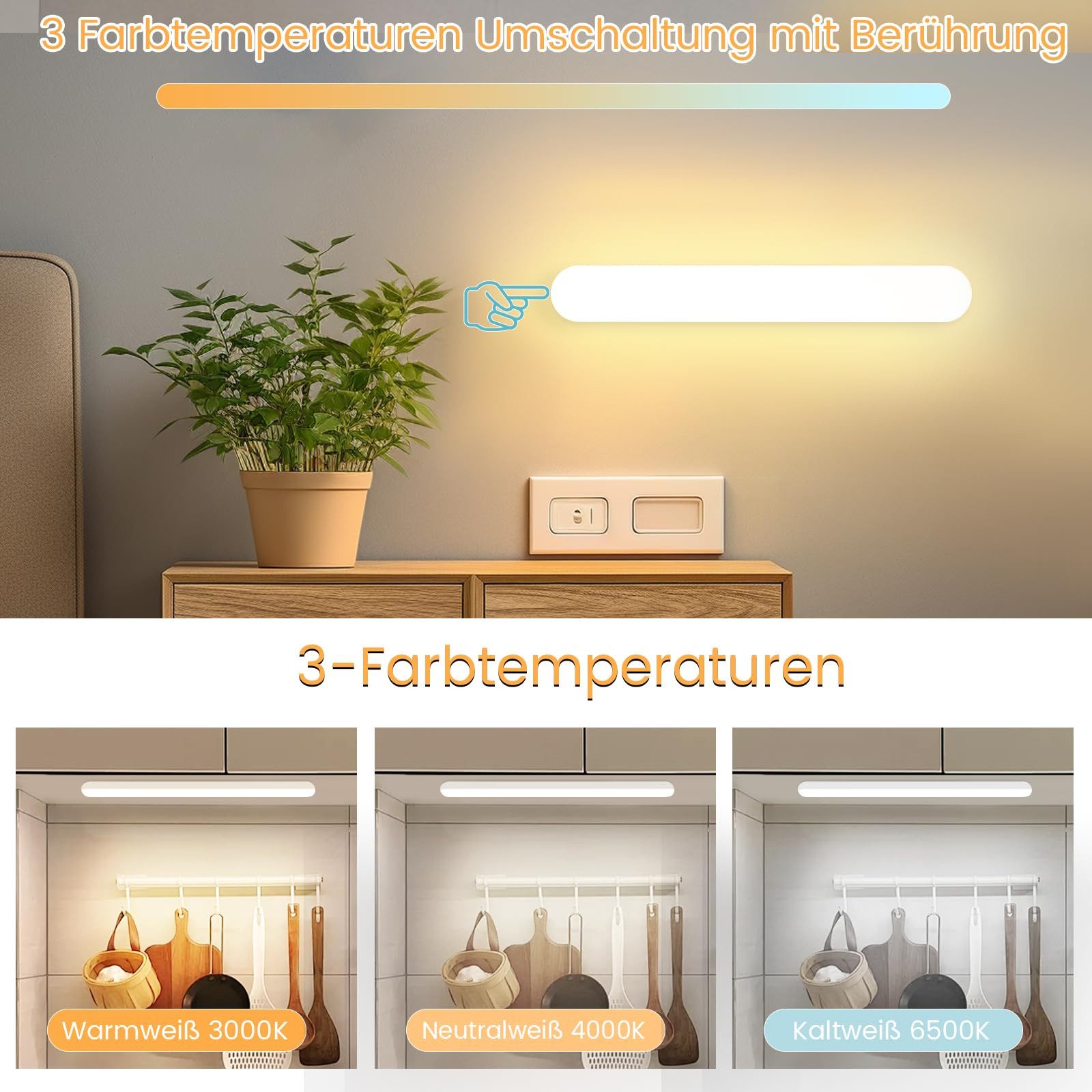 Nettlife LED Unterbauleuchte Küche Kabellos Dimmbar mit Bewegungssensor USB Aufladbar 24CM, LED fest integriert, Geeignet für, Treppenhaus, Schlafzimmer, Küche