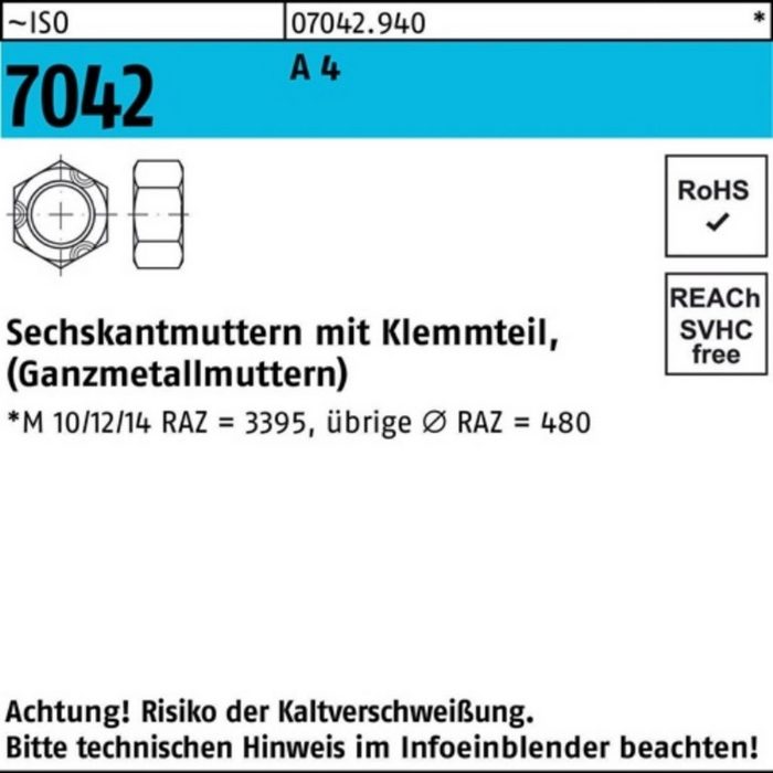 Reyher Muttern 100er Pack Sechskantmutter ISO 7042 Klemmteil M24 A 4 25 StückISO 704