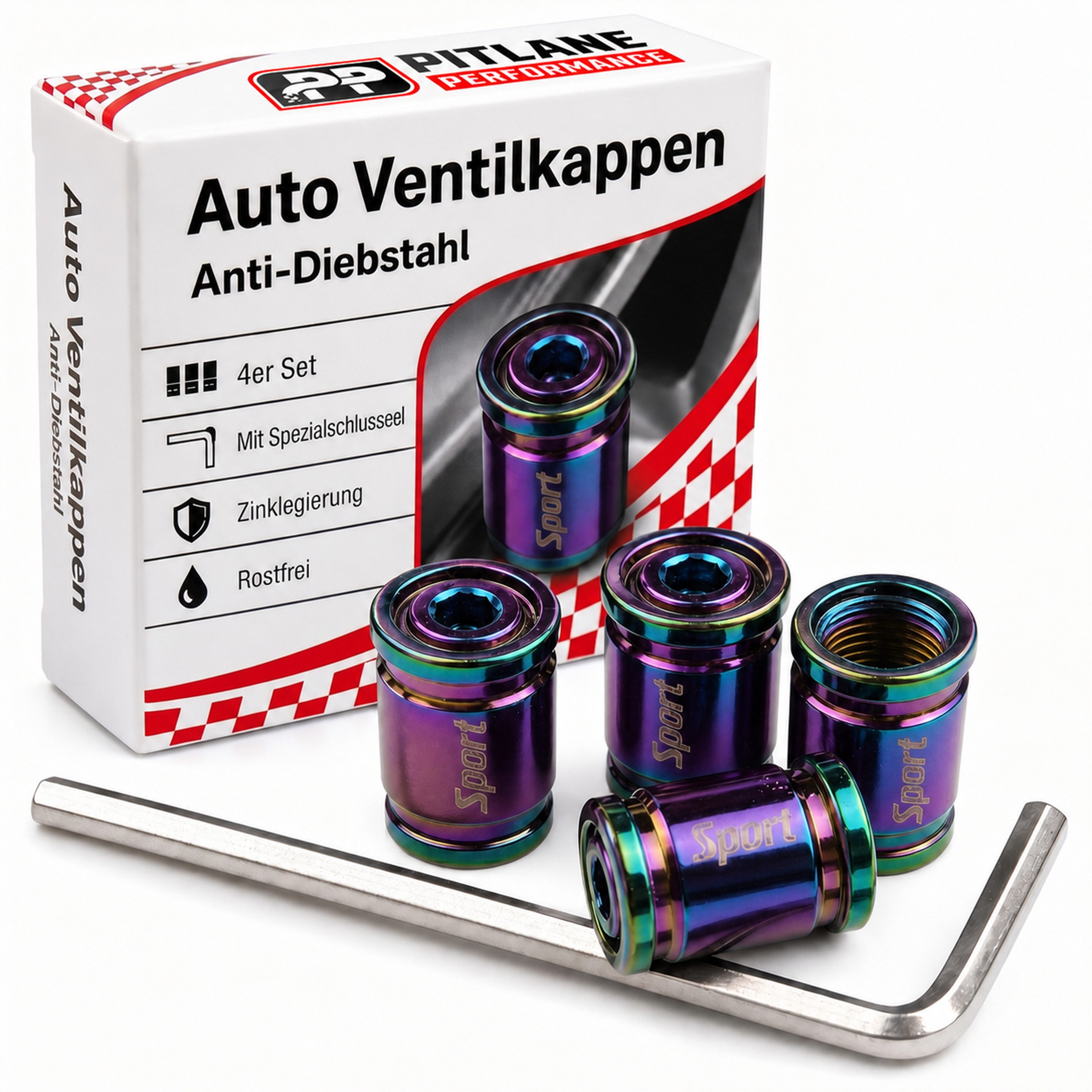Pitlane Performance Ventilkappe 4er Set Ventilkappen Auto Metall mit Diebstahlschutz, (Rostfrei, Schrader Ventildeckel), Reifenventilkappen Schraderventil Autoventil & Fahrradventil Kappe