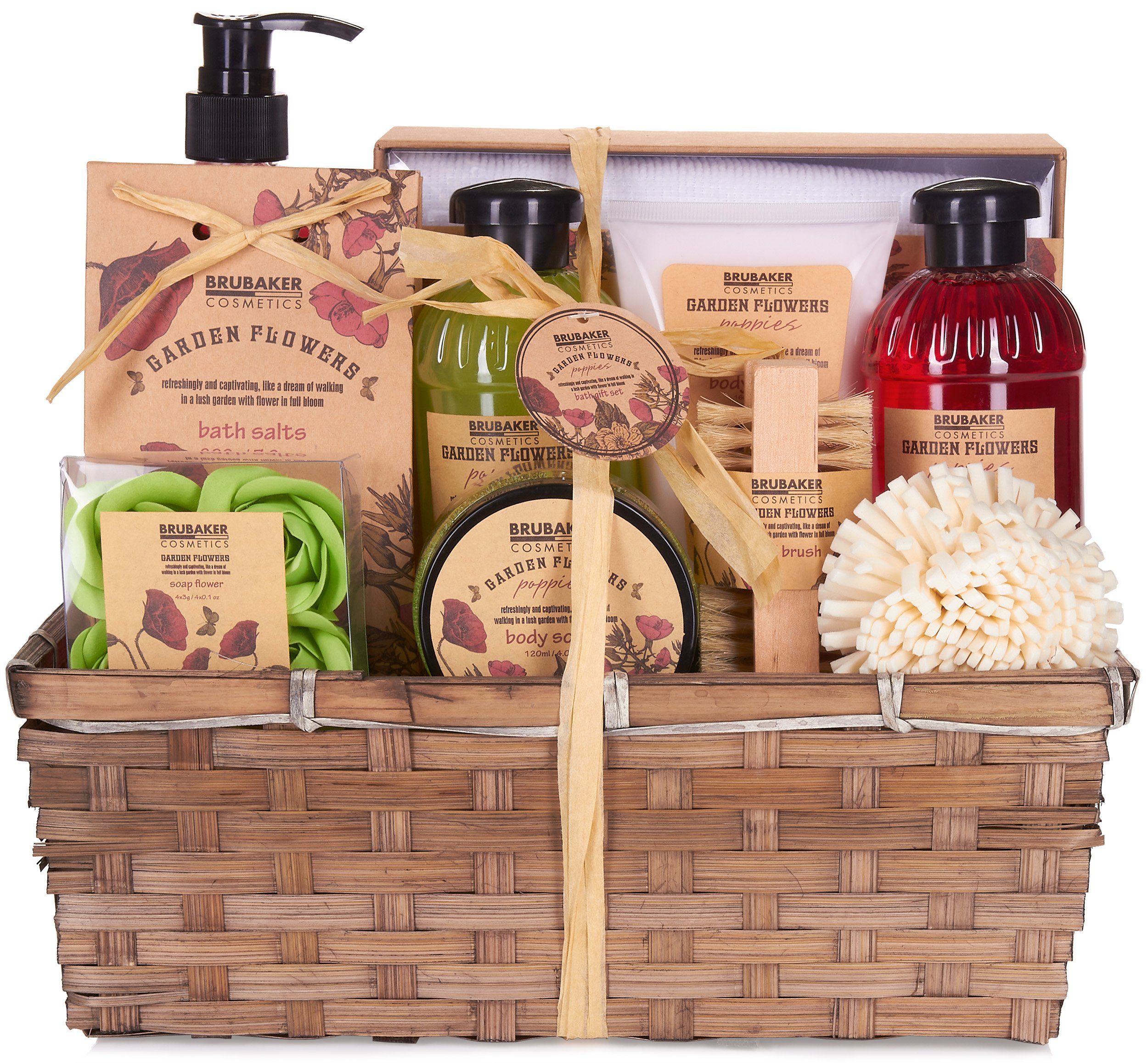 BRUBAKER Pflege-Geschenkset Dusch- und Badeset mit Mohnblumen Duft Set, 14-tlg., Frauen Geschenkset im Pflanzkorb, Beauty Wellness Pflegeset für Damen