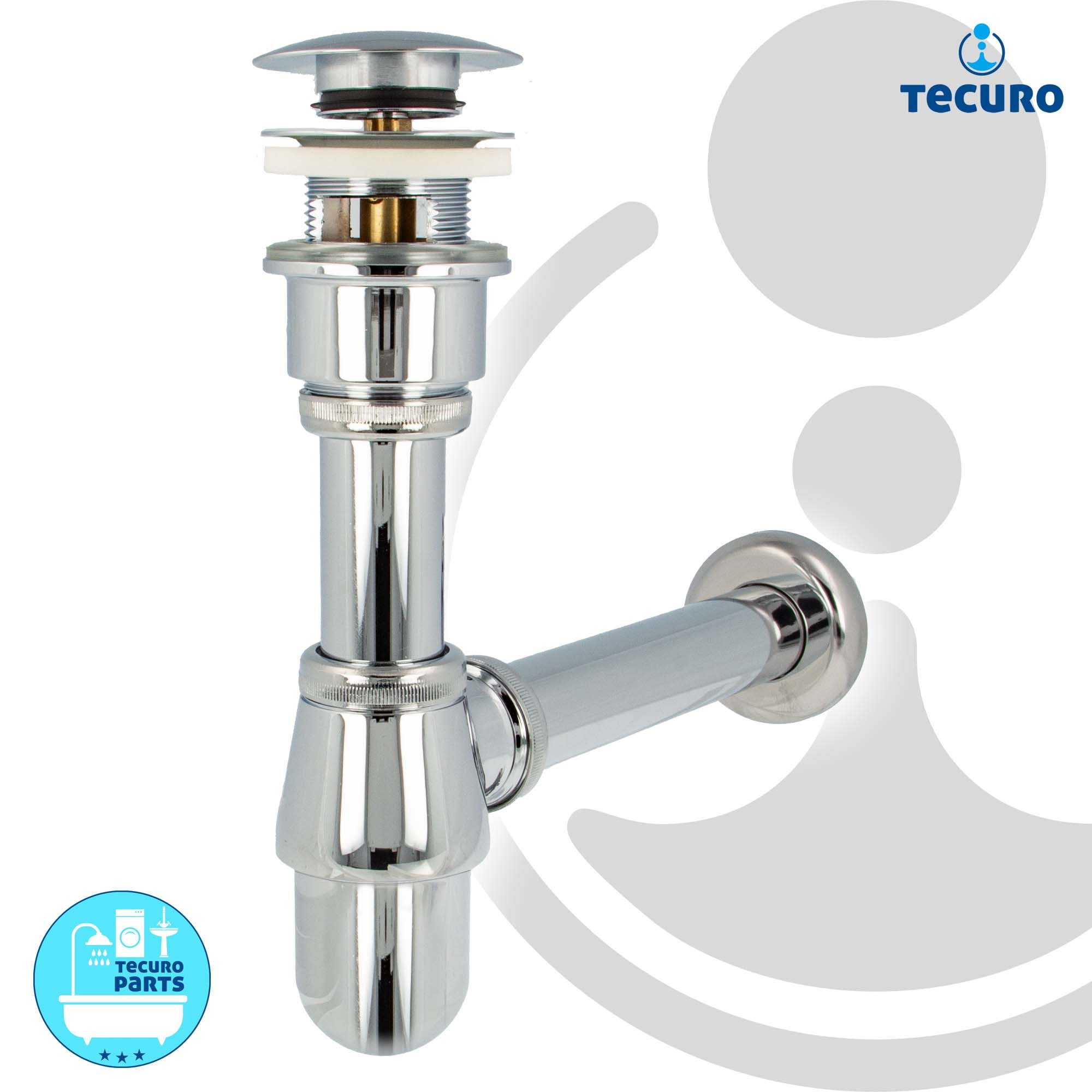 tecuro Siphon Siphon mit Pop Up Ablaufventil verchromt - Universal für Waschtisch, (Ablaufventil und Flaschensiphon)