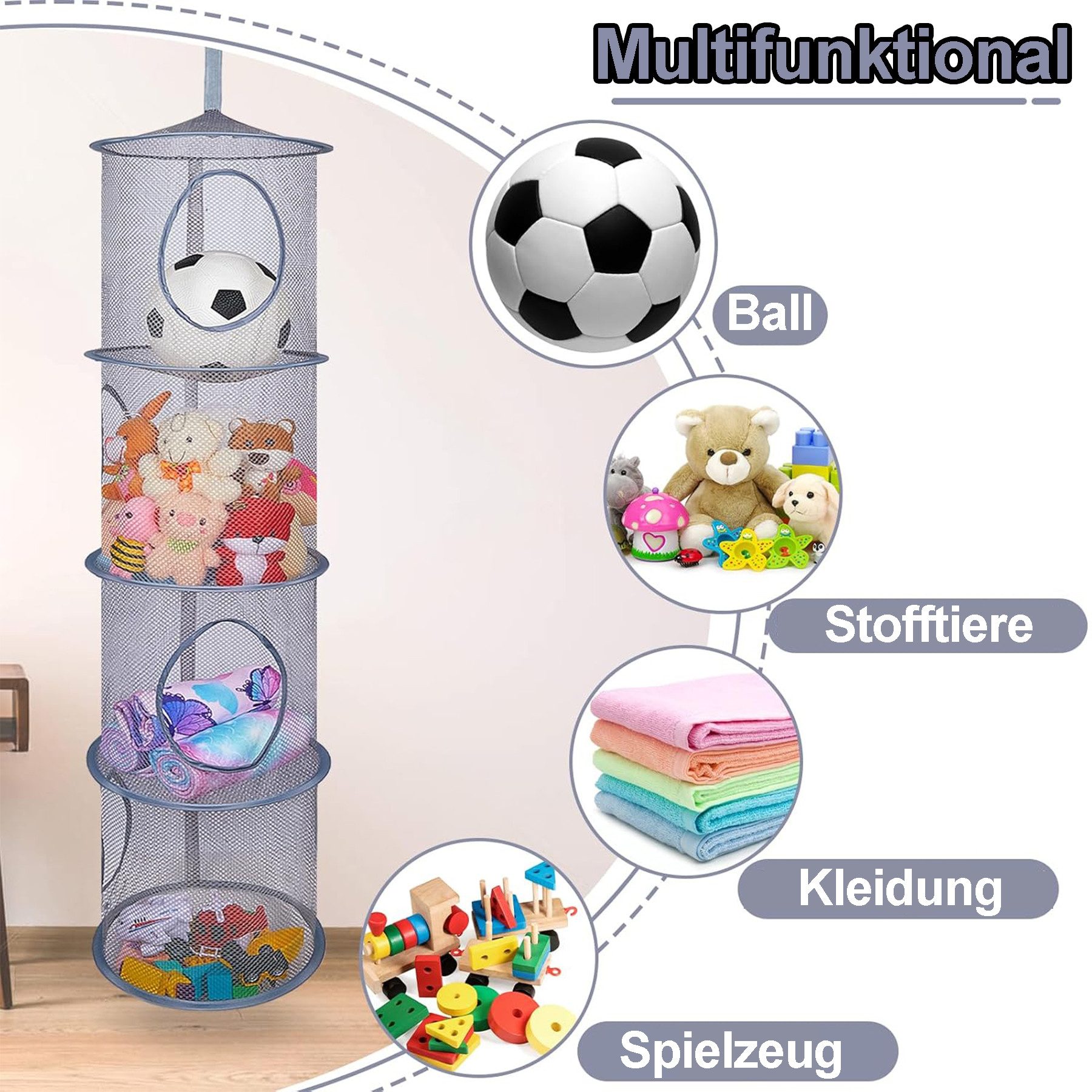 Mutig Hängeregal 2 Stück Set Hängeregal Mesh Hängende Netz-Aufbewahrungstasche, 4 Stufe Faltbare Hängeaufbewahrung Organizer, Hängender Speicherkorb, Kuscheltie – Bild 5 von 5