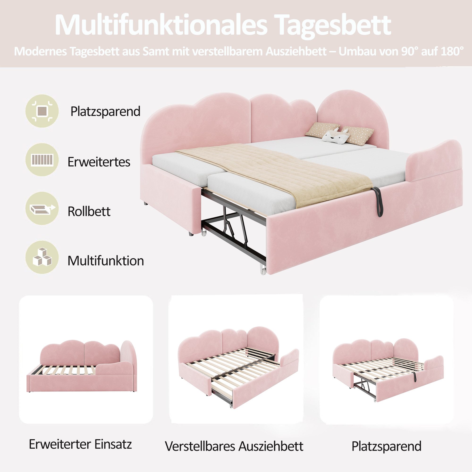 Merax Daybett 90x200cm mit Ausziehbett, Samt Schlafsofa Tagesbett (1 tlg), Jugendbett Polsterbett mit ausziehbarem Unterbett & Wolken-Kopfteil – Bild 4 von 5