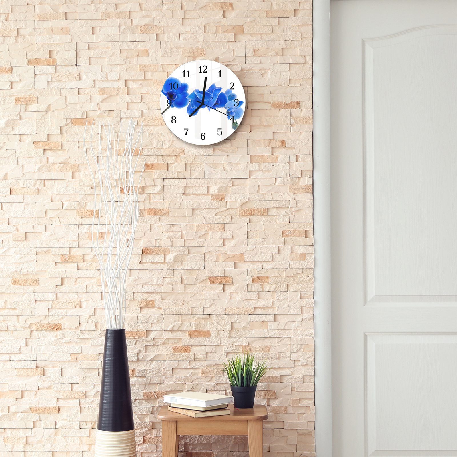 Primedeco Wanduhr Wanduhr und Quarzuhrwerk mit Durchmesser Rund Orchideenzweig mit cm - Glas Motiv 30 aus