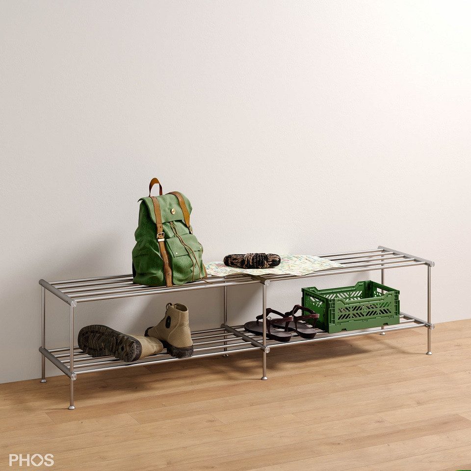 PHOS Design Schuhregal und Schuhablage aus Edelstahl: 30 - 120cm Breite, 1 - 5 Ablageflächen, Modell: SR1200-2, freistehend - 100% Made in Germany