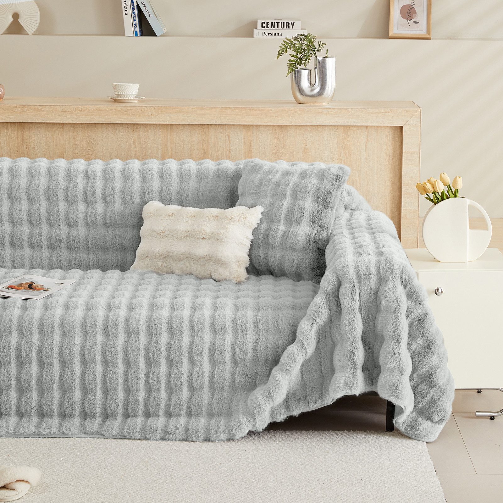 Sunicol Sofabezug Plüsch Dick Sofa Sitzkissenbezug, Couchbezug, Antirutsch, Winter Warme, Superweiche SofaÜberwurf aus Kunstpelz für Wohnzimmer – Bild 3 von 5
