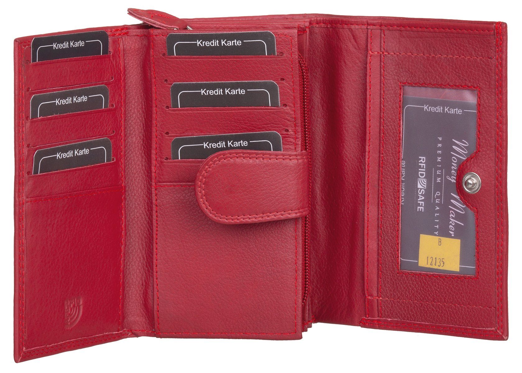 Maker RFID rot Steckplätze XXL-Fach 18 Reißverschlussfächer Geldbörse, Echt-Leder Geldbörse Portemonnaie Money Geldbeutel Damen
