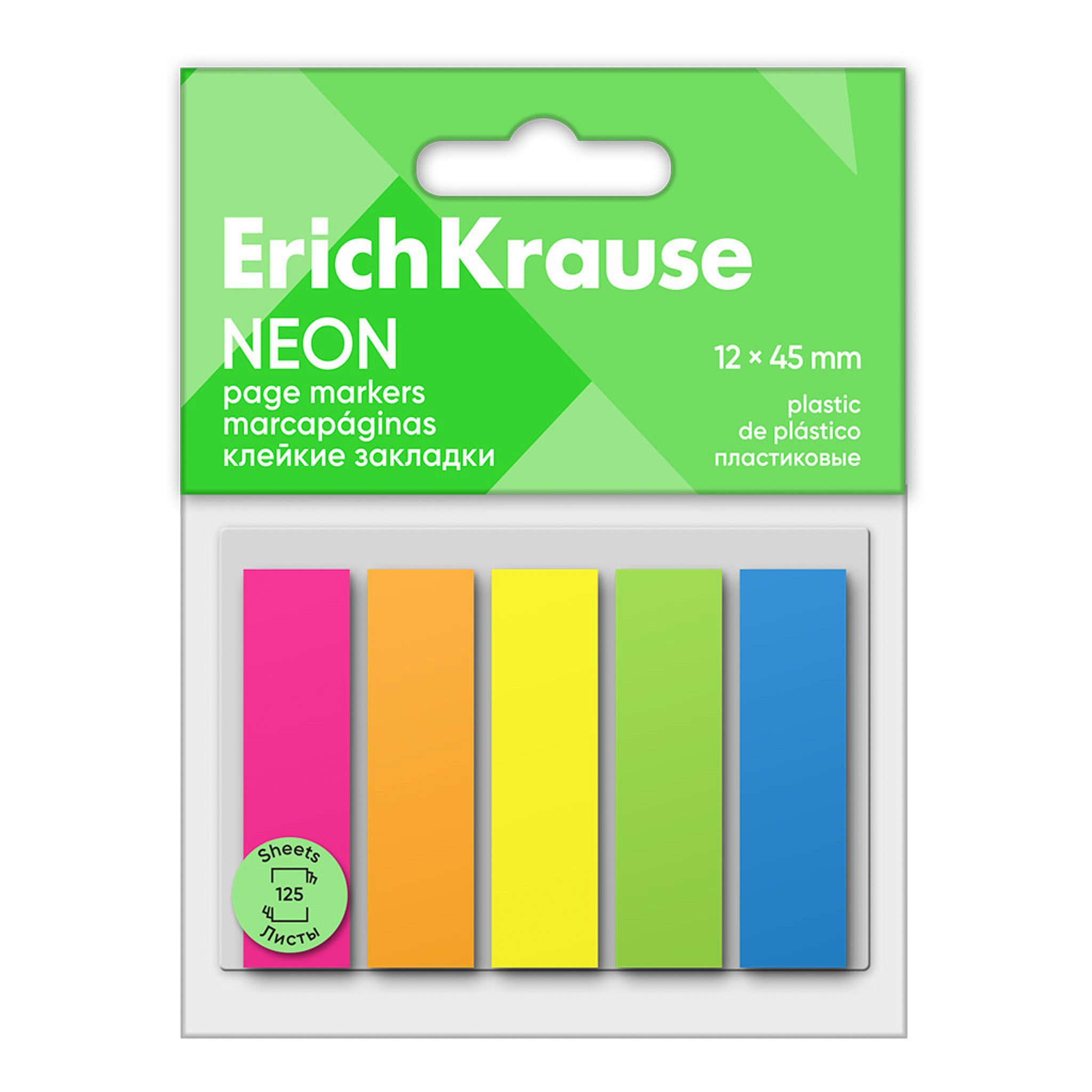 Erich Krause Haftnotizblock, Seitenmarker 12mm Neon Plastik 125 Blatt sortiert