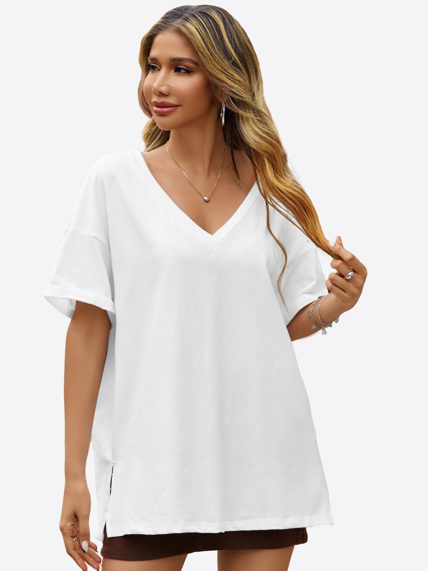 Imily Bela T-Shirt Damen Lockerer V-Ausschnitt mit gerollten Ärmeln und Seitenschlitzen (Packung, 1-tlg., 1per-Pack) Kurzarm in Unifarbe