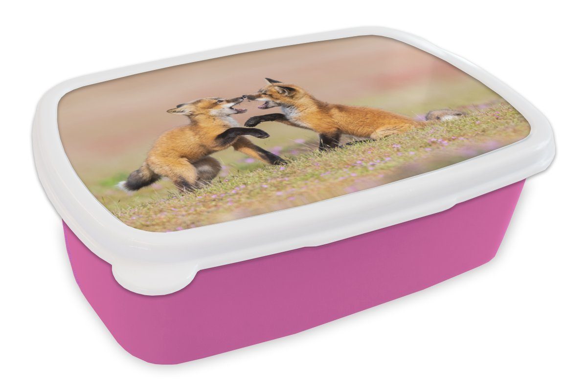 MuchoWow Lunchbox Füchse - Blumen - Porträt, Kunststoff, (2-tlg), Brotbox für Erwachsene, Brotdose Kinder, Snackbox, Mädchen, Kunststoff rosa