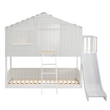 Juskys Kinderbett Baumhaus, 90x200 cm, Hochbett im Baumhaus-Stil, mit Rutsche, Dach, Lattenrost