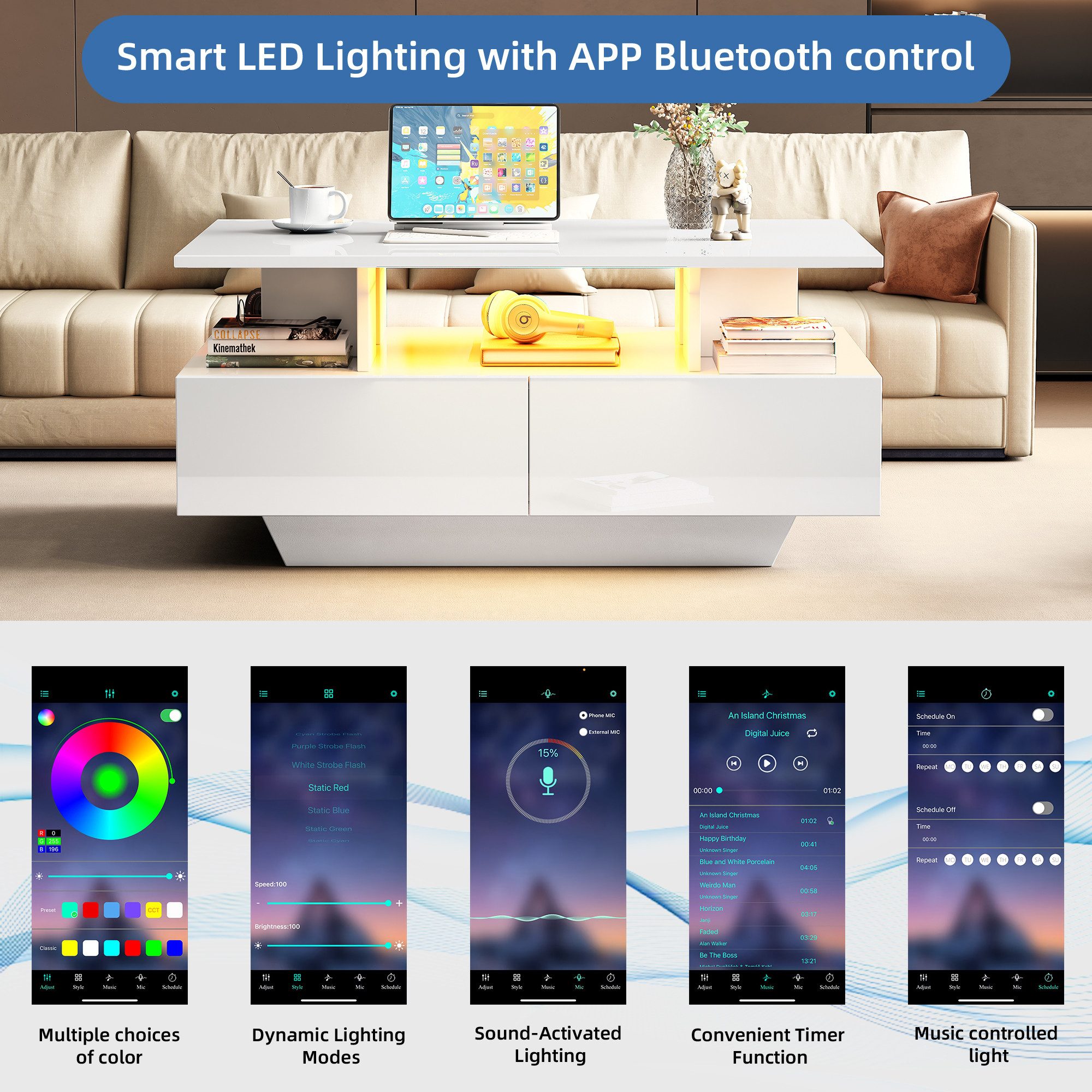 Merax Couchtisch hochglanz Sofatisch Beistelltisch mit LED-Beleuchtung (90x55x41 cm), Wohnzimmertisch mit 2 Schubladen und Stauraum inkl. Fernbedienun – Bild 5 von 5