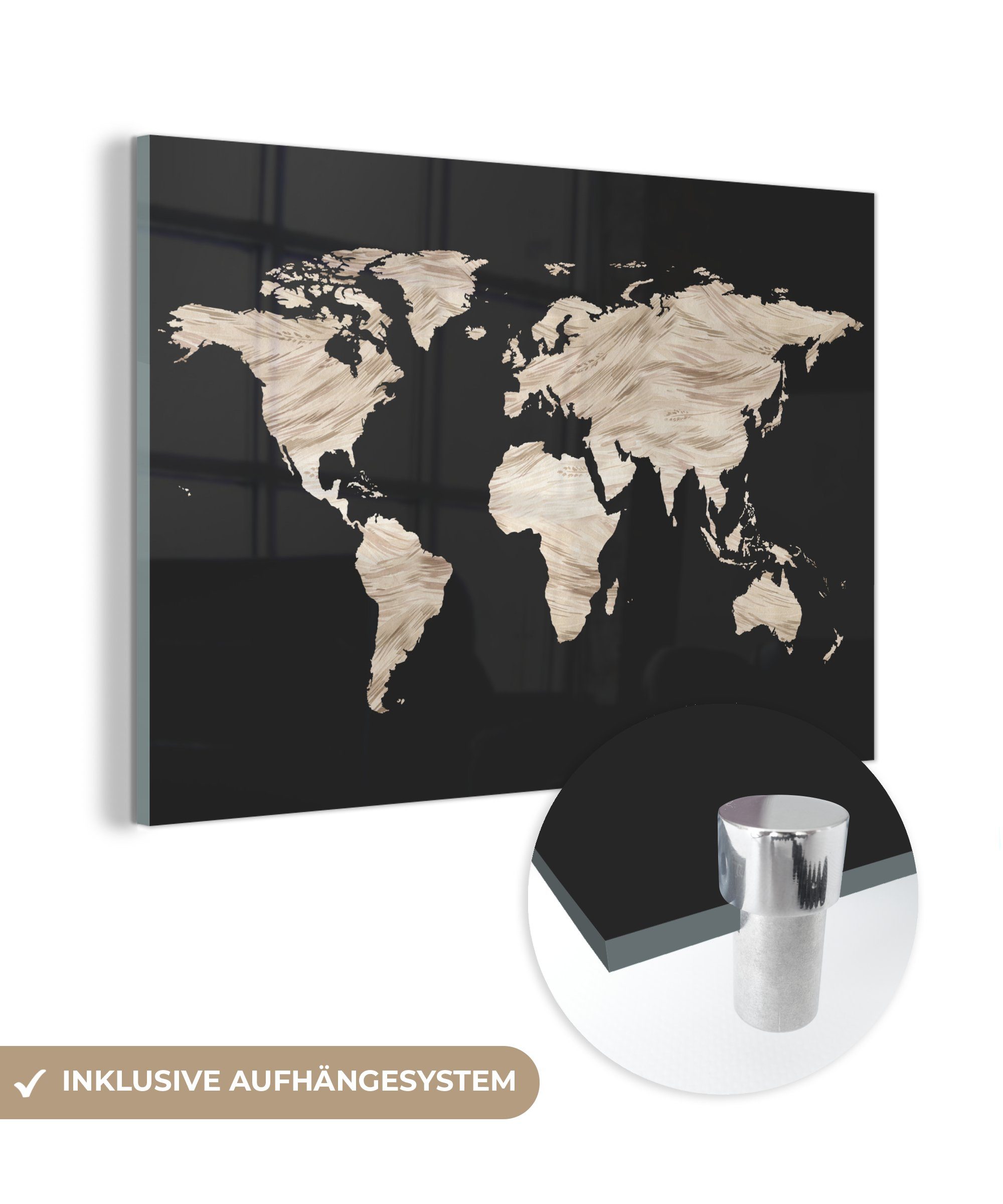 MuchoWow Acrylglasbild Weltkarte - Beige - Glas Wanddekoration St), - - Bilder (1 auf Glas Wandbild Glasbilder auf Schwarz, Foto 