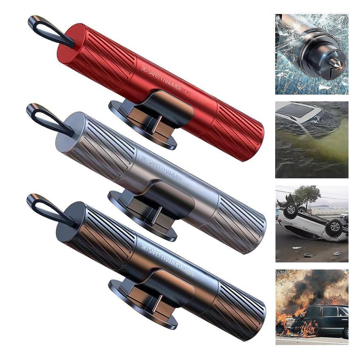 Ophy 3er-Pack Sicherheitshammer mit Gurtschneider & Glasbrecher (3-St., inkl. Testglas), Notfallwerkzeug für Auto (Multifunktions-Sicherheitshammer)