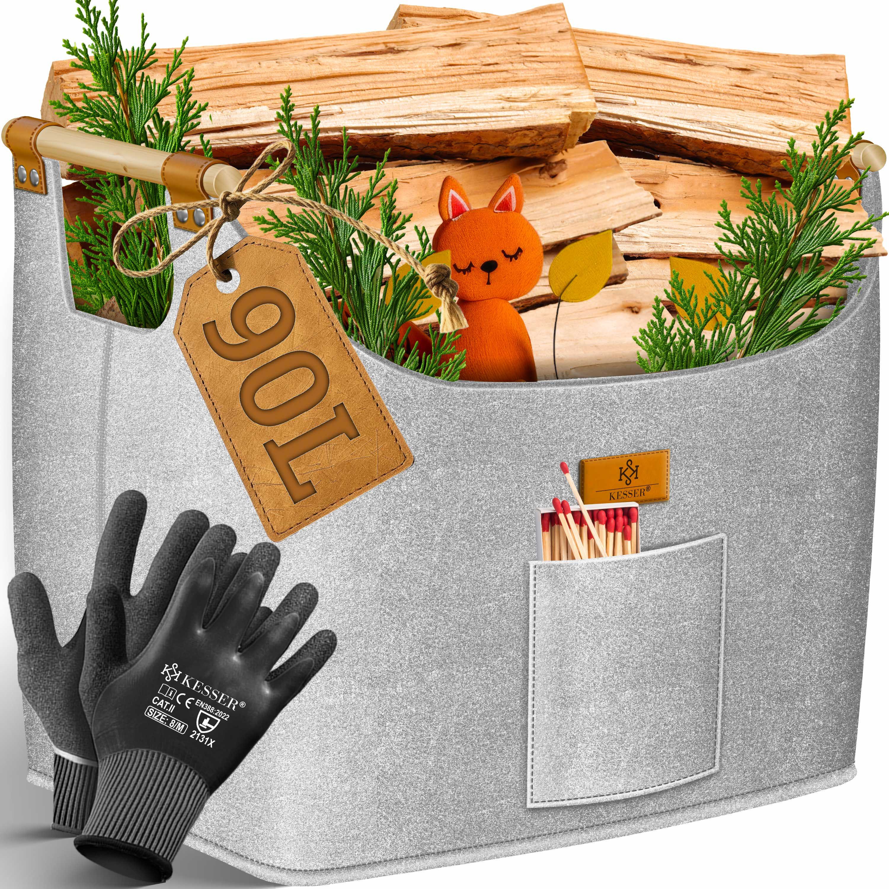KESSER Kaminholzkorb XL – 60/90 L Volumen, rutschfeste Holzgriffe, Vielseitig nutzbar als Kaminkorb, Einkaufs-, oder Wäschekorb, 700 g/m²