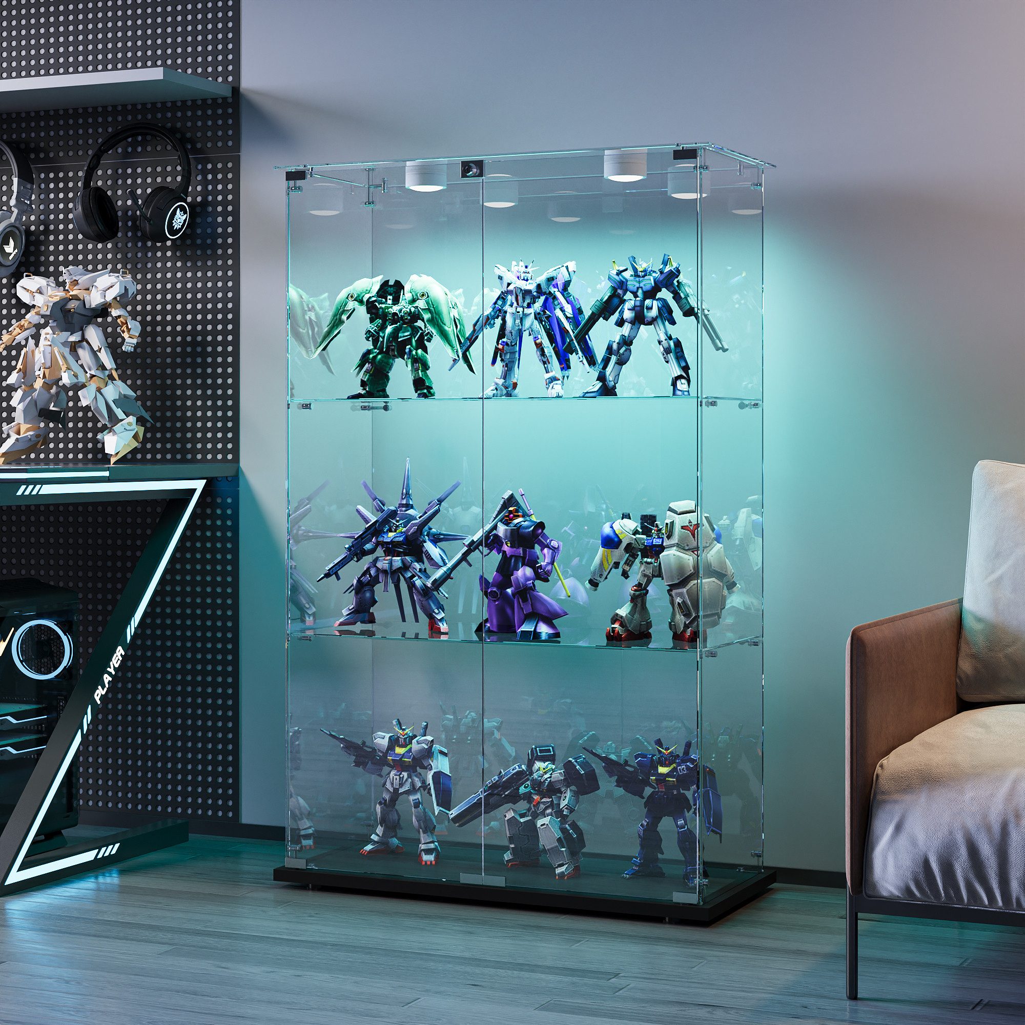 BELUPAI Glasvitrine Standvitrine 3 Lagen Vitrinenschrank (Set, 1-St., Glas Vitrine mit 2 Glastür und Schloss, Touch LED-Leuchten) für Sammlerstücke Bücher Figuren Modelle, 78.5 x 35 x 123 cm