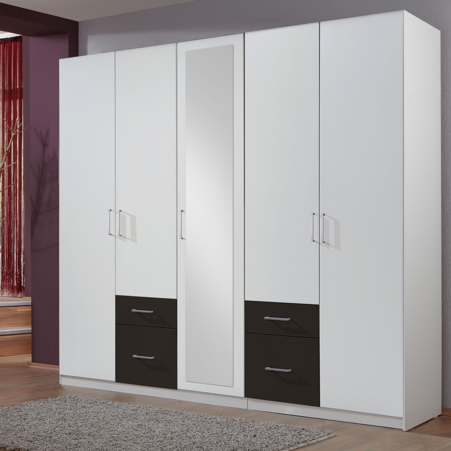 Wimex Kleiderschrank Freiburg (Freiburg, Kleiderschrank) 225cm 5-türig  Spiegel weiß graphit