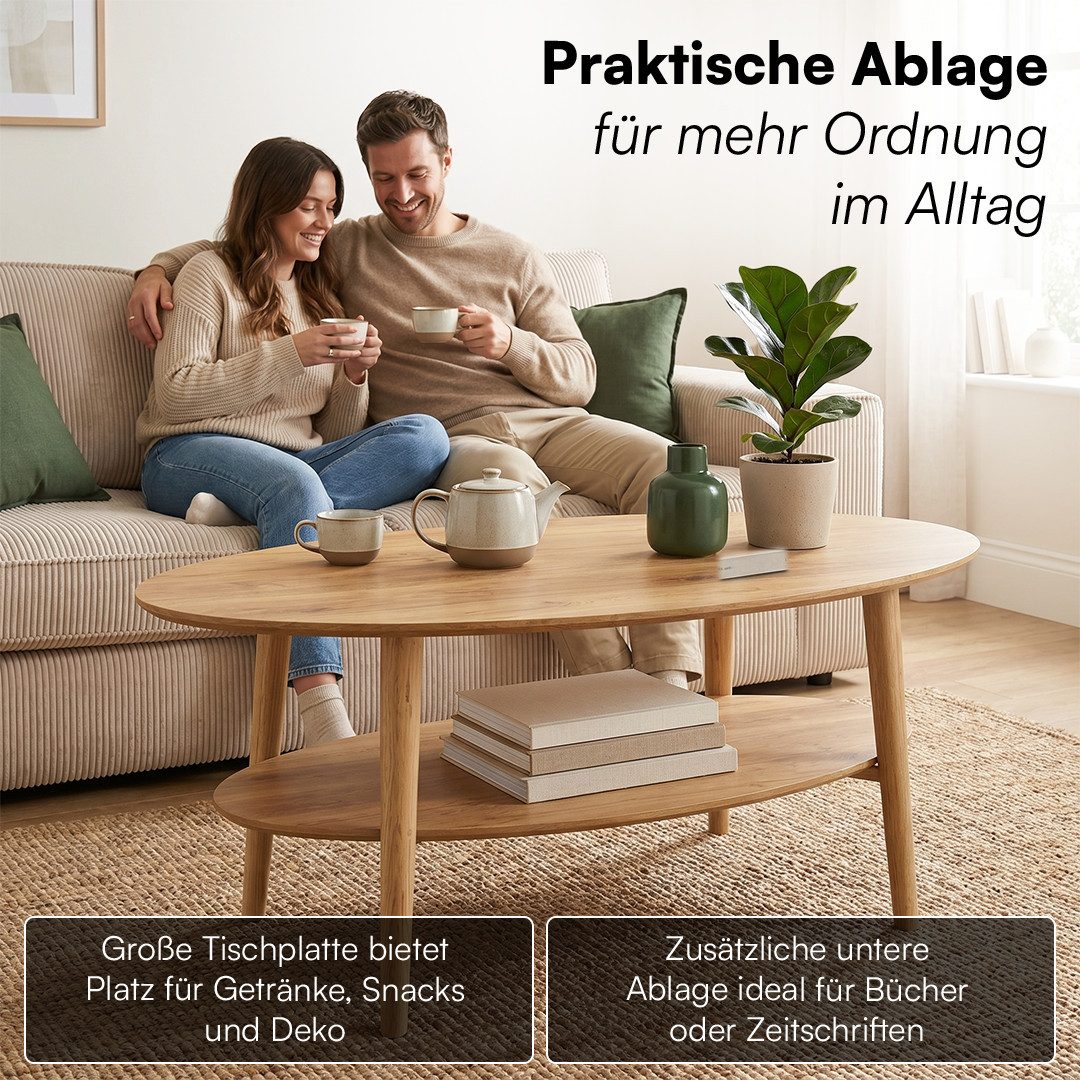 skølm Couchtisch Mjölnir aus Eiche Massivholz (Natur geölt), Wohnzimmertisch 70x110 cm mit 2 Ablagen, auch in rund erhältlich