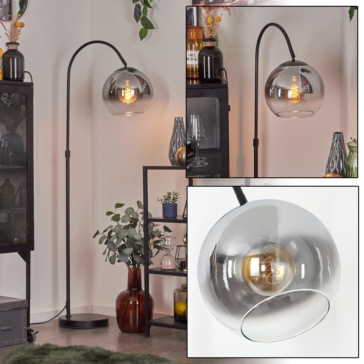 hofstein Bogenlampe Stehlampe aus Metall/Glas in Schwarz/Chrom/Rauch/Klar, ohne Leuchtmittel, Industrial-Design Leuchte m. Glasschirm (25cm) u. Fußschalter, 1xE27