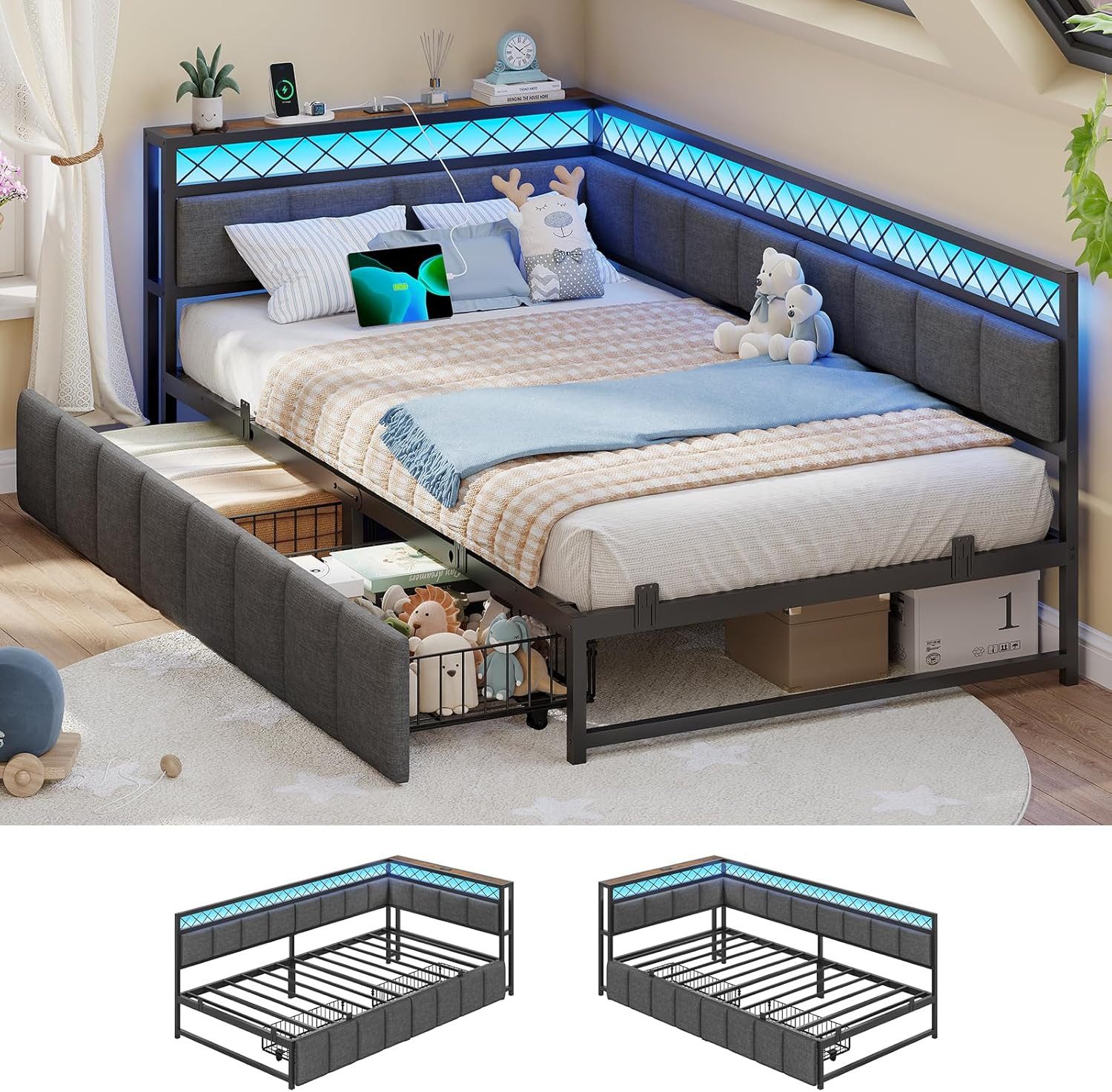 MSMASK Polsterbett mit LED-Beleuchtung und USB-Steckdosen, 90x200cm (1-tlg., Ohne Matratze), Schlafsofa, Jugendbett Tagesbett Daybett Kinderbett