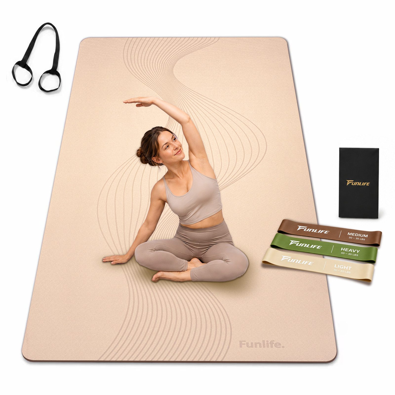 FunLife Yogamatte EXTRA WIDE 80 CM – einzeln oder mit 3 Widerstandsbändern (Set, Yogamatte, Tragegurt), extra breit, 8 mm gepolstert, rutschhemmend